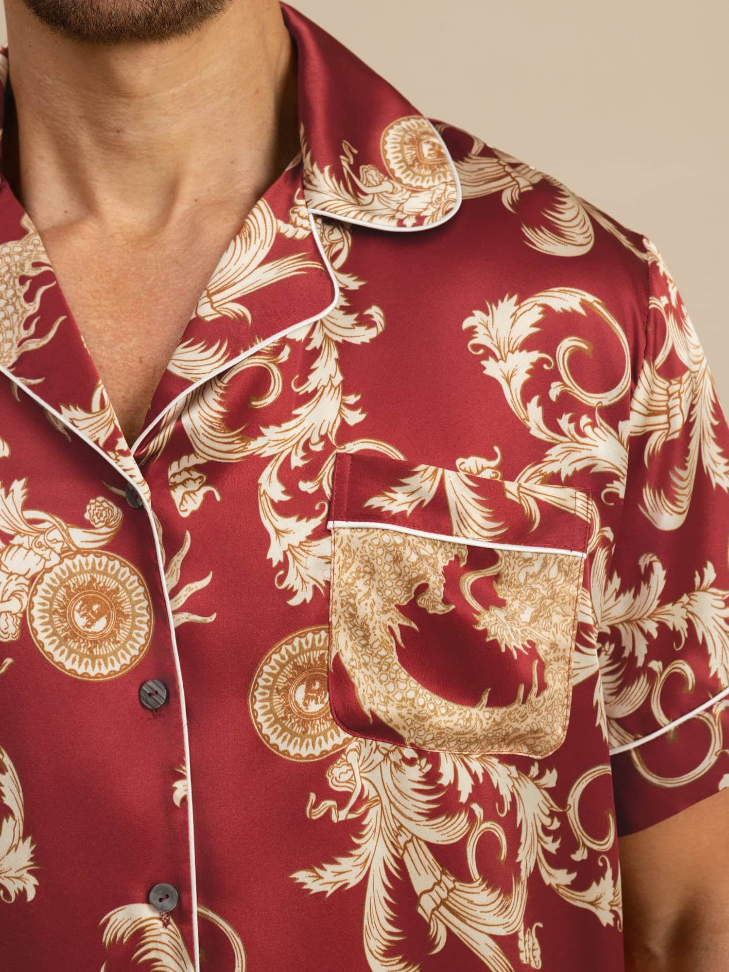 Pure Silk Men's Dragon Print  Short Sleeve Notch Collar Pajamas Set - Image 9