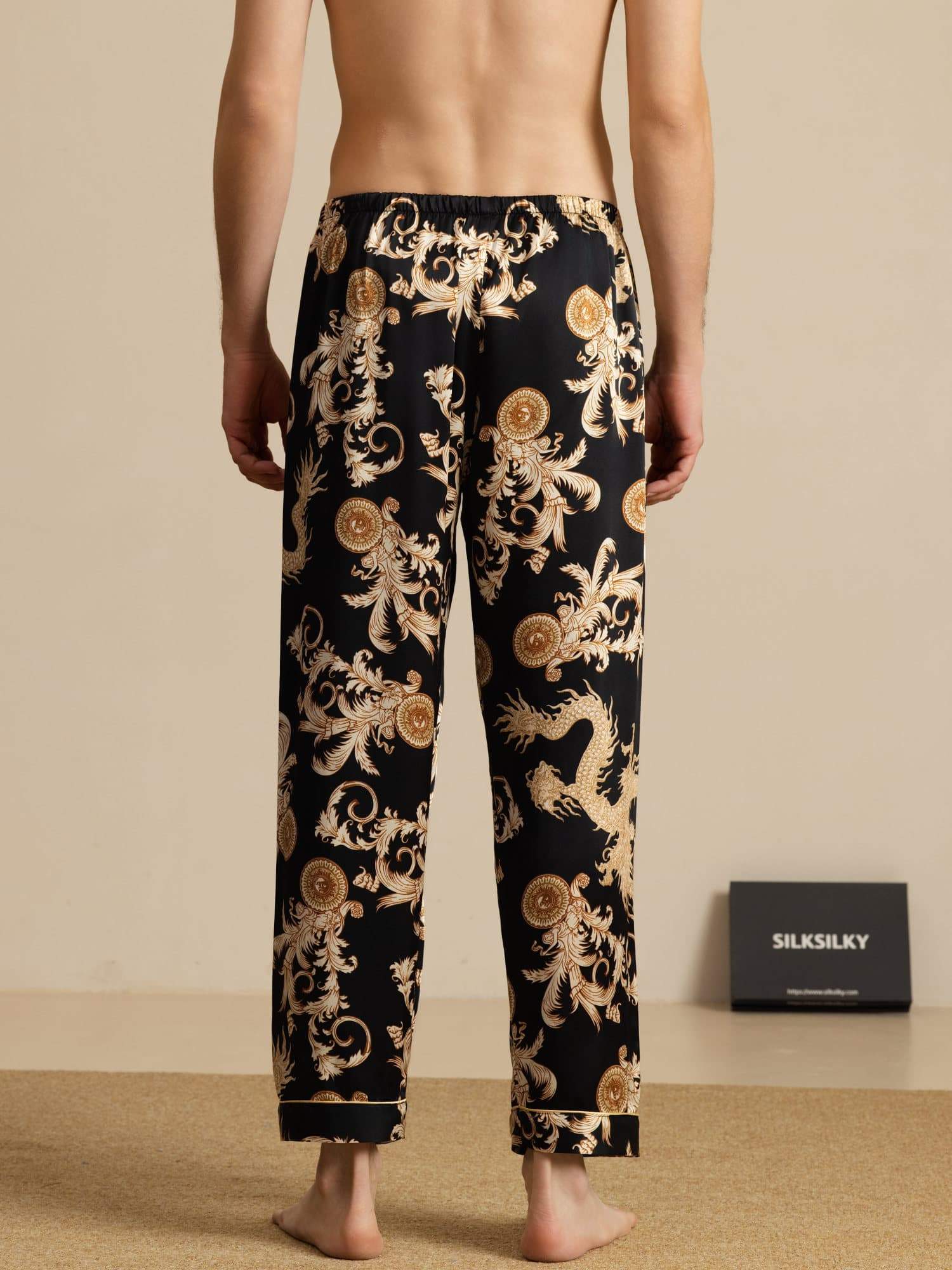 Pure Silk Men's Dragon Print Sleep Pants with Elastic Waist - Image 10