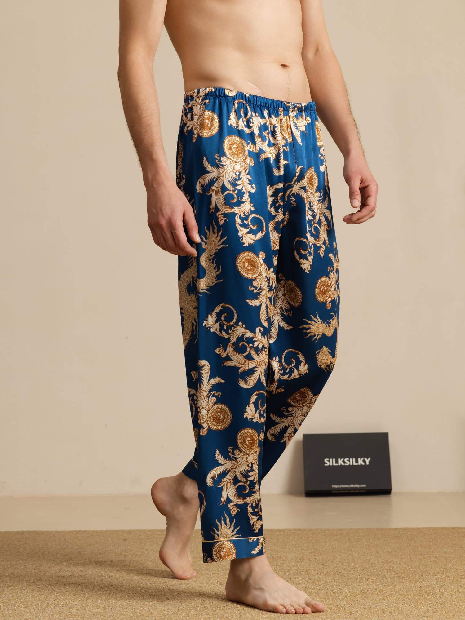 Pure Silk Men's Dragon Print Sleep Pants with Elastic Waist - Image 3