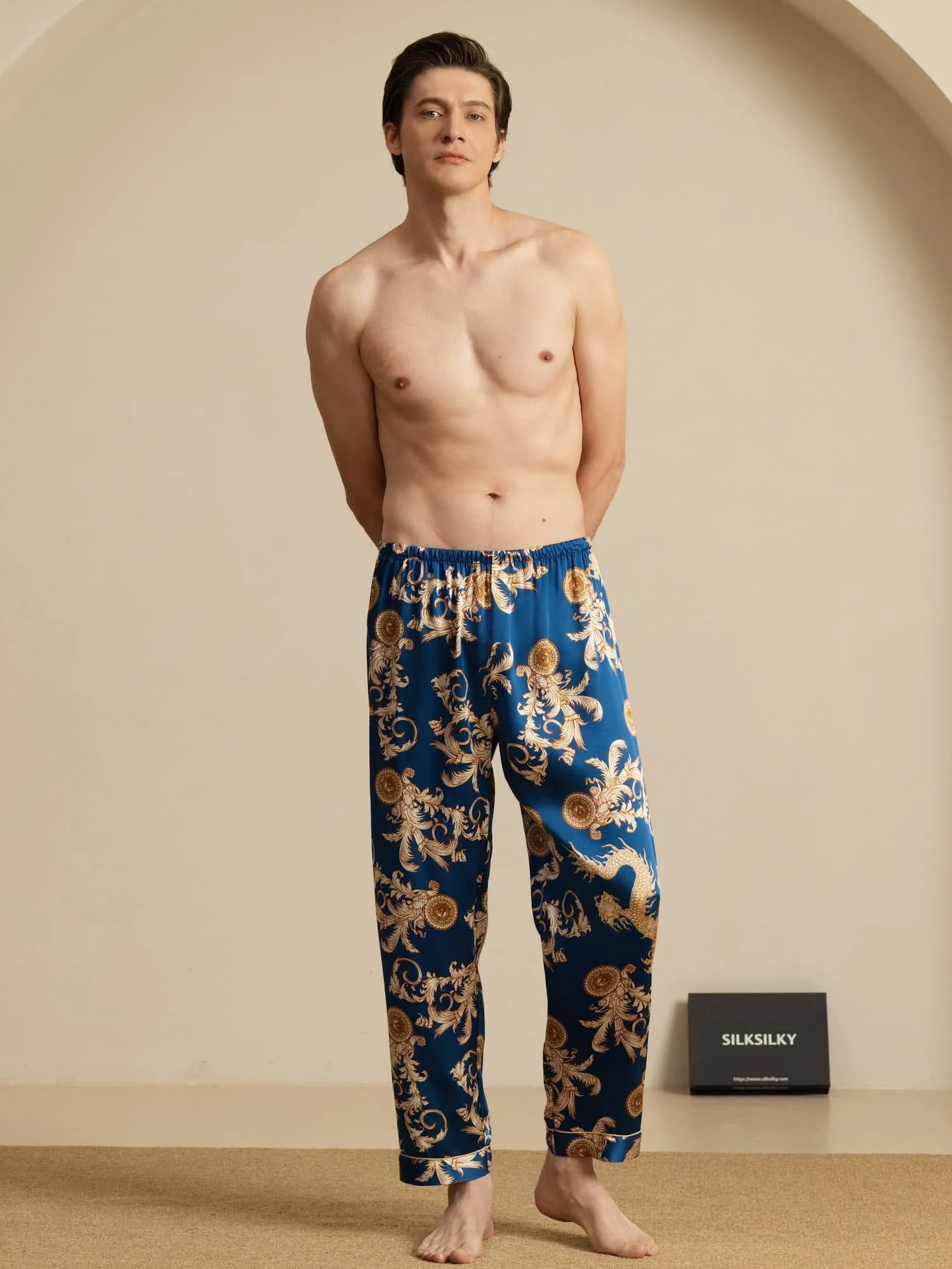 Pure Silk Men's Dragon Print Sleep Pants with Elastic Waist - Image 5