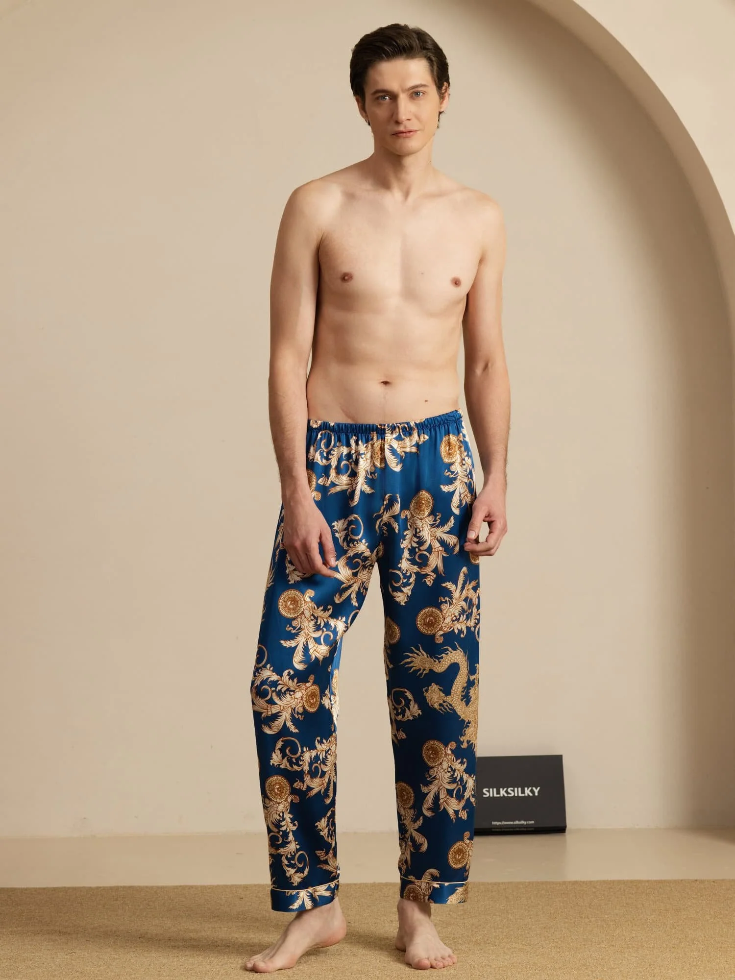 Pure Silk Men's Dragon Print Sleep Pants with Elastic Waist - Image 6