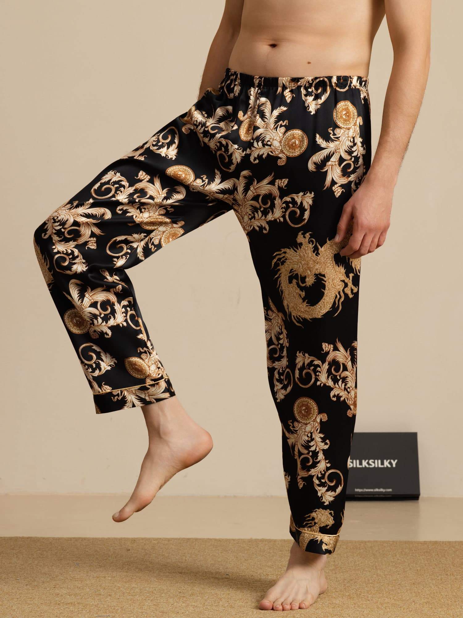 Pure Silk Men's Dragon Print Sleep Pants with Elastic Waist - Image 7