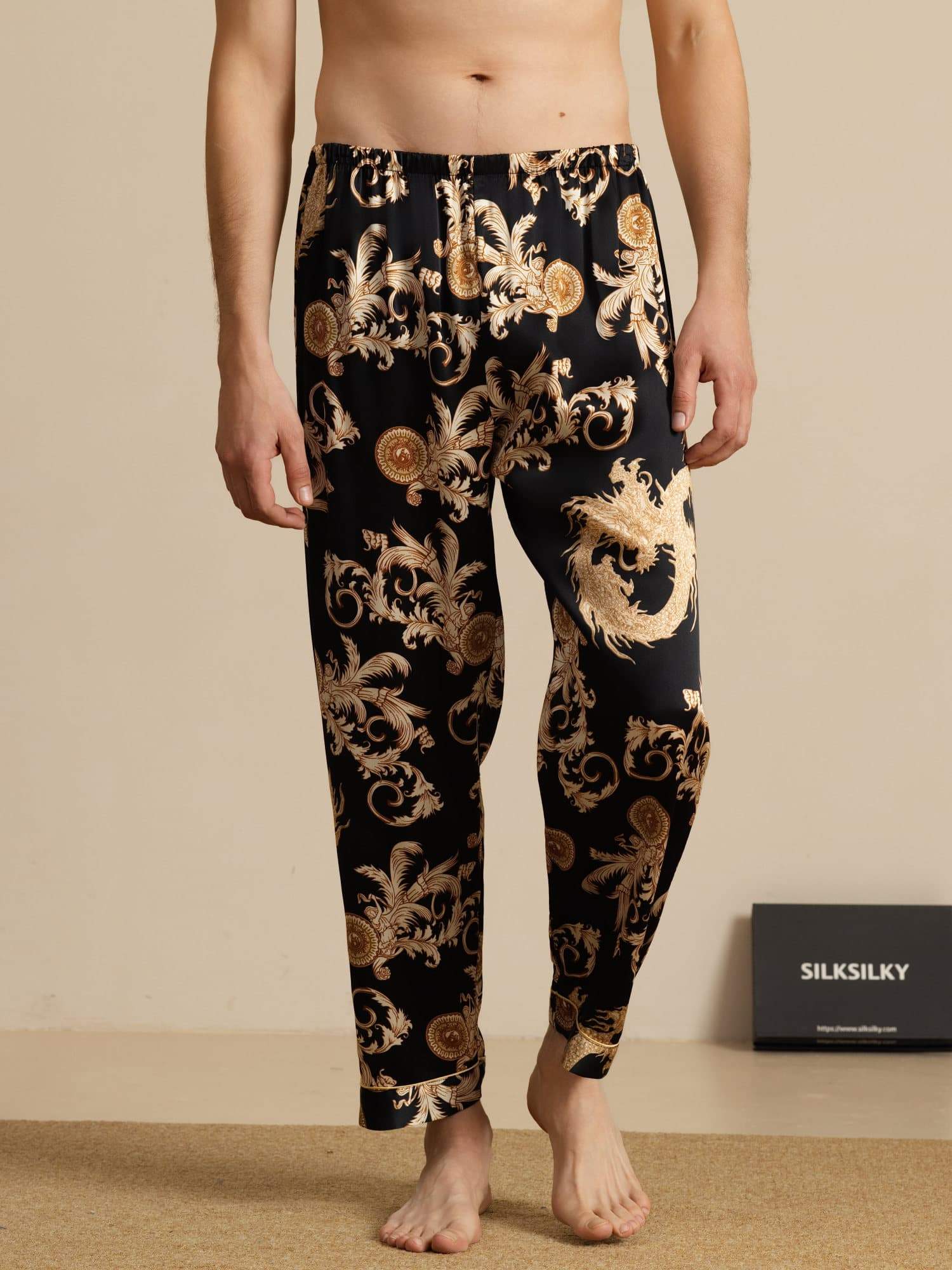 Pure Silk Men's Dragon Print Sleep Pants with Elastic Waist - Image 8