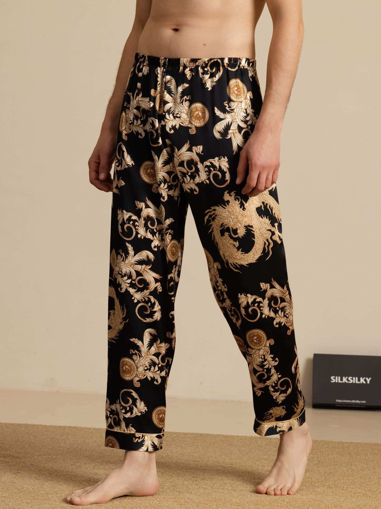 Pure Silk Men's Dragon Print Sleep Pants with Elastic Waist - Image 9