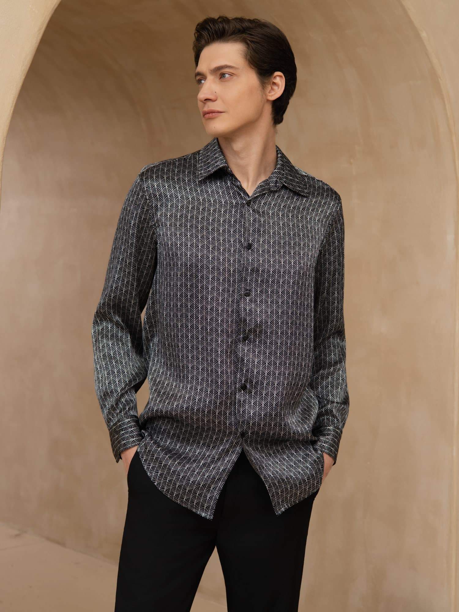 Pure Silk Men's Long Sleeve Lapel Collar Ginkgo Print Shirt - Image 10