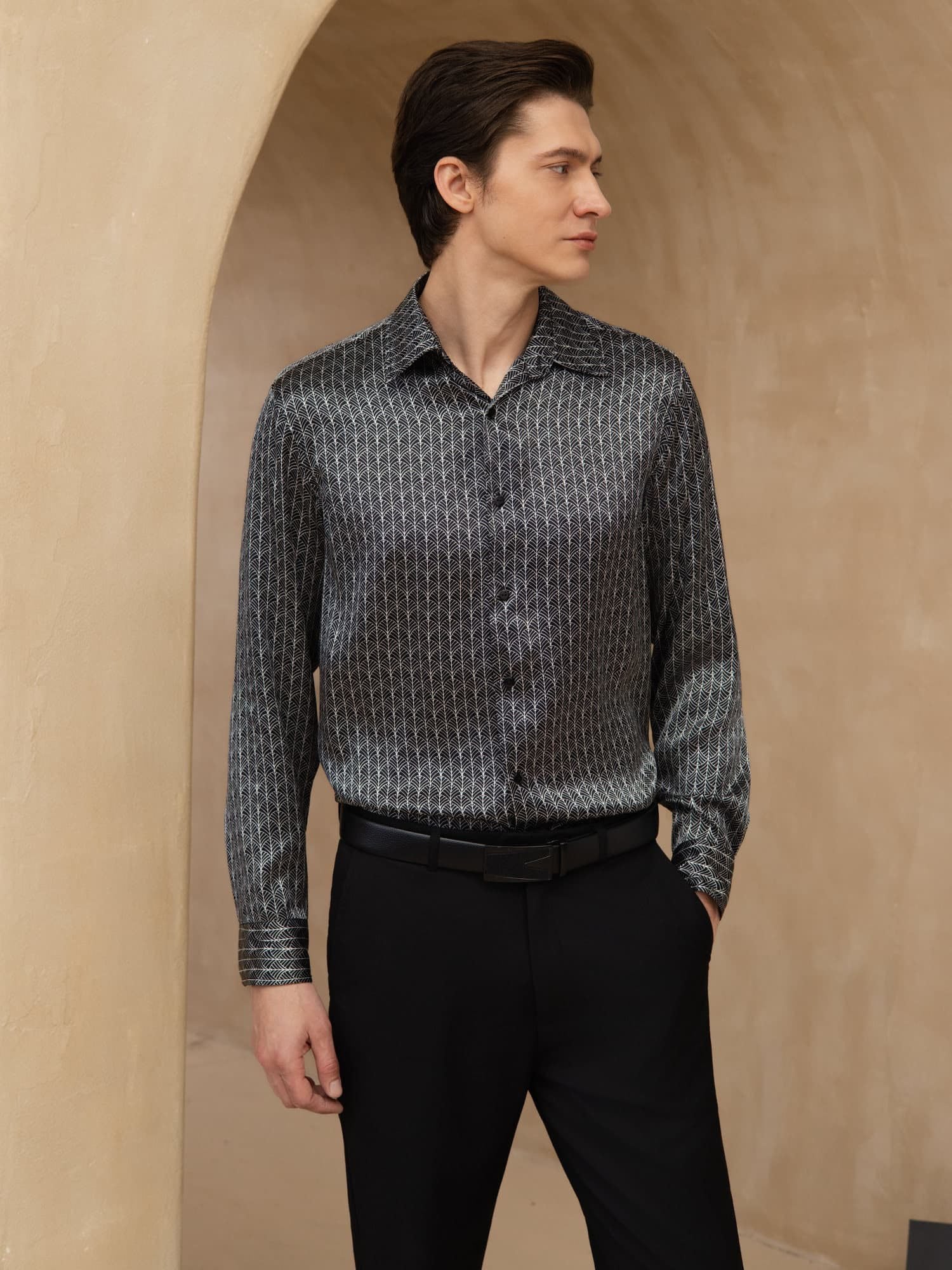 Pure Silk Men's Long Sleeve Lapel Collar Ginkgo Print Shirt - Image 11