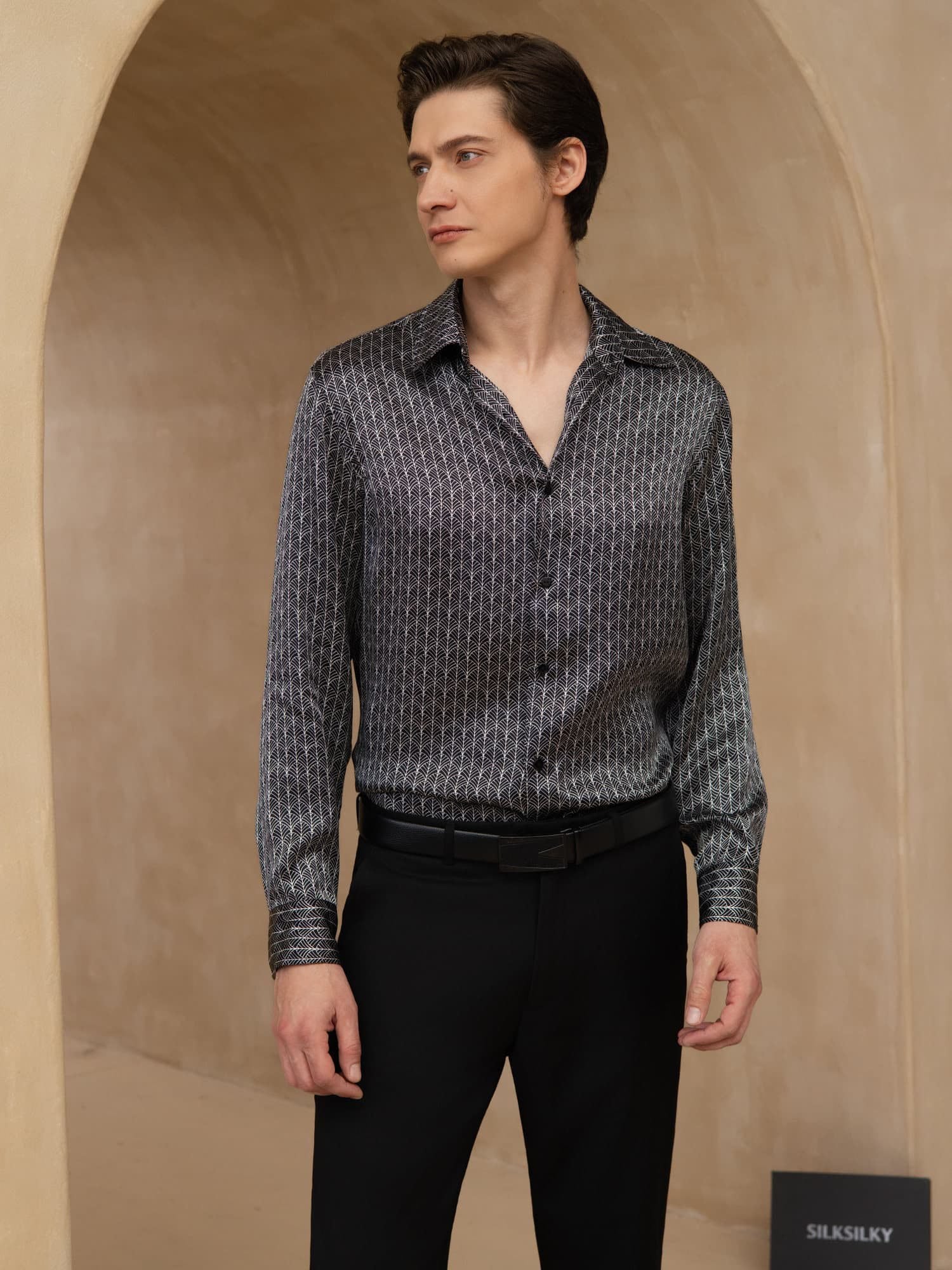 Pure Silk Men's Long Sleeve Lapel Collar Ginkgo Print Shirt - Image 12