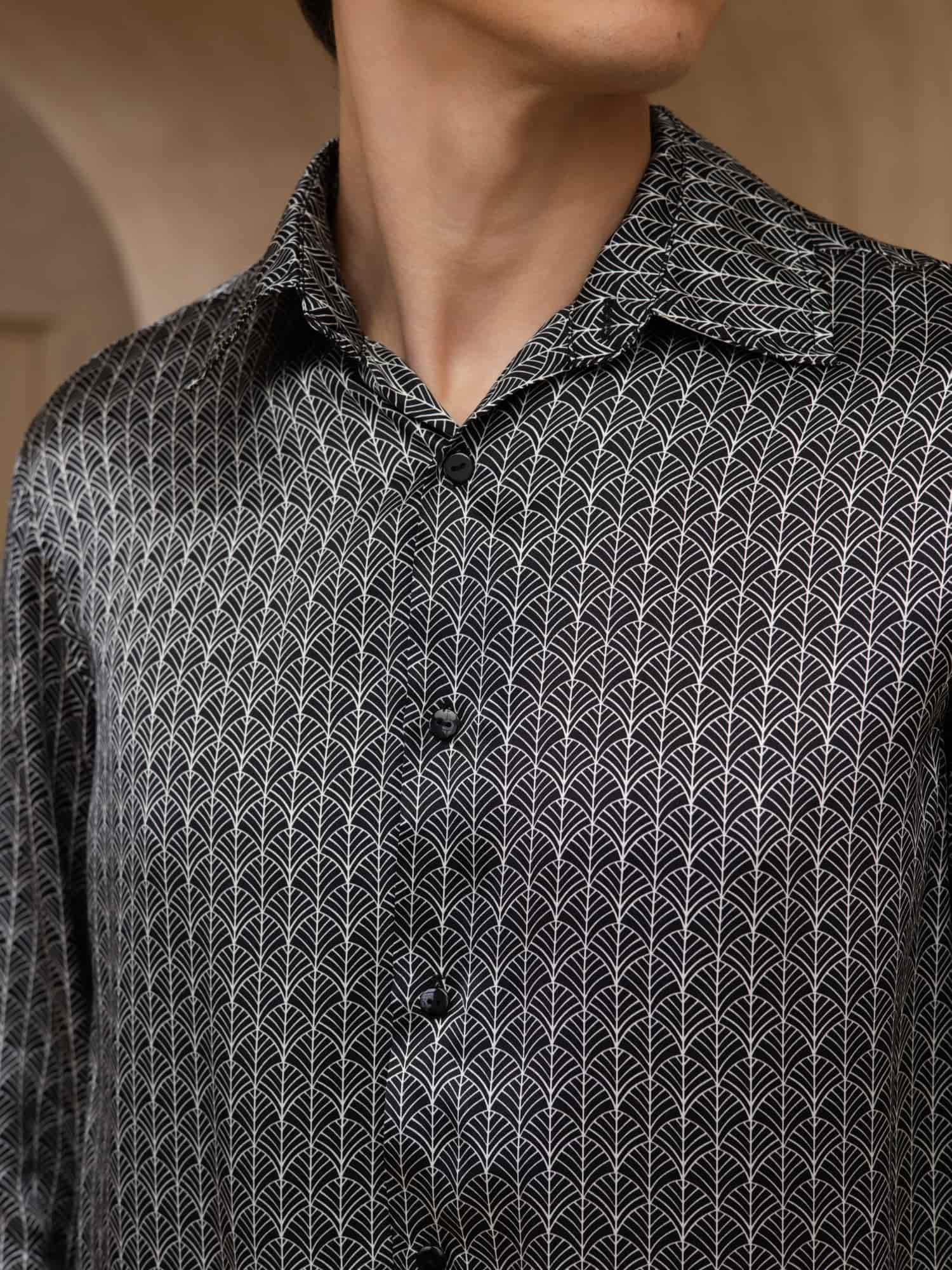 Pure Silk Men's Long Sleeve Lapel Collar Ginkgo Print Shirt - Image 13