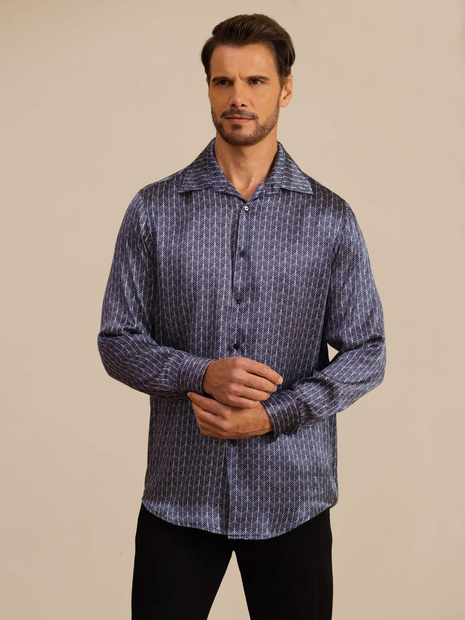 Pure Silk Men's Long Sleeve Lapel Collar Ginkgo Print Shirt - Image 3