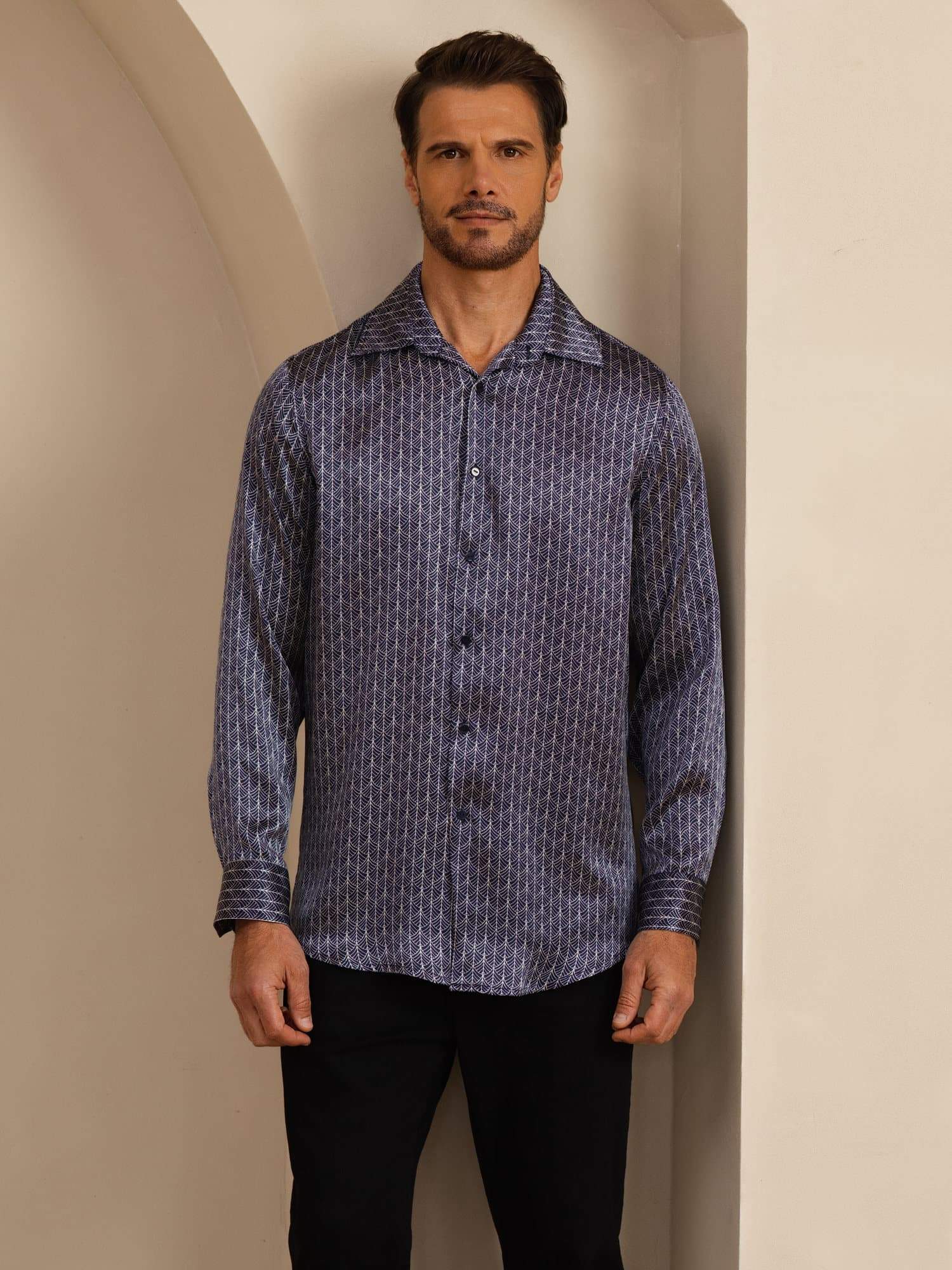 Pure Silk Men's Long Sleeve Lapel Collar Ginkgo Print Shirt - Image 4