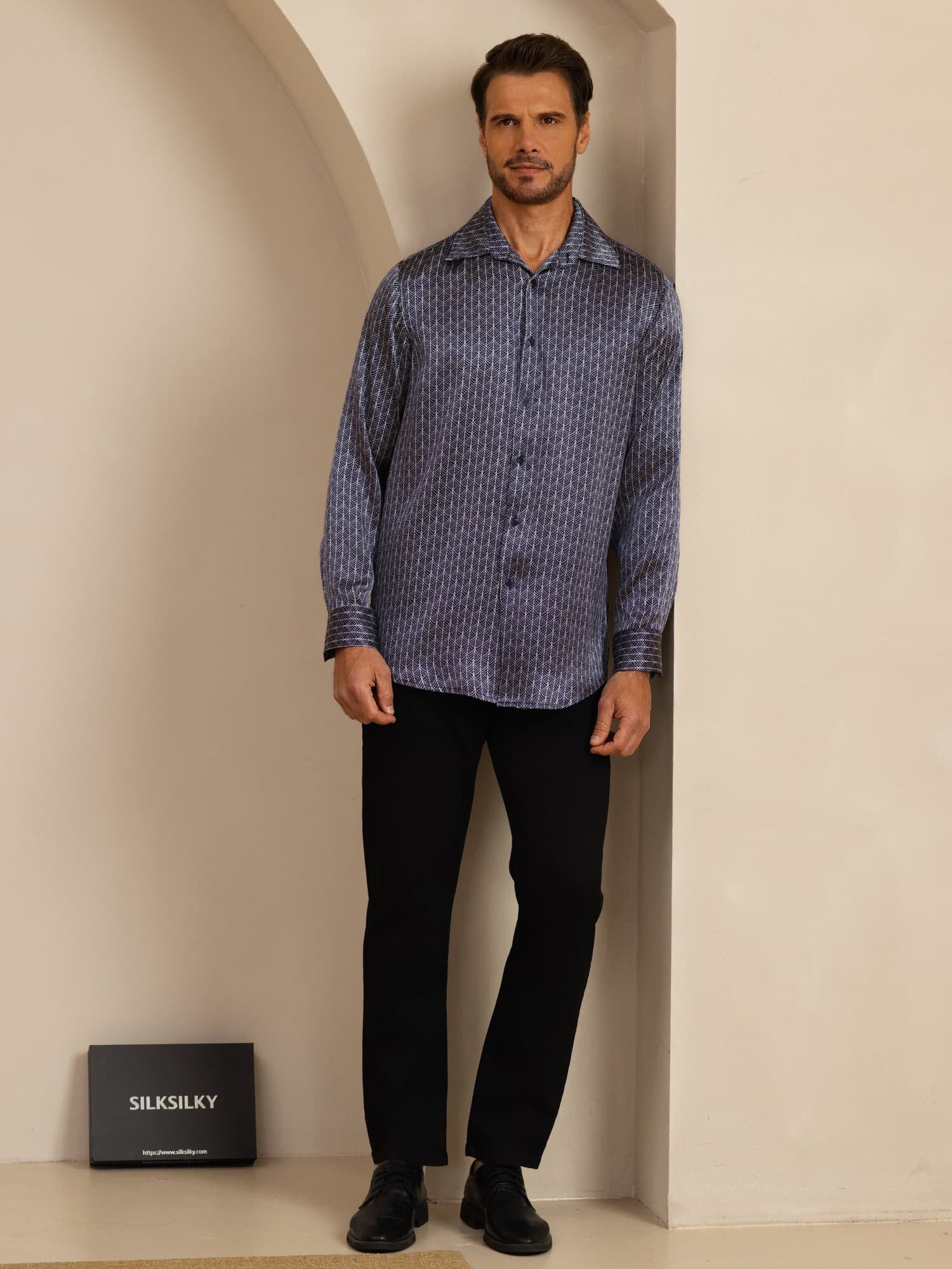 Pure Silk Men's Long Sleeve Lapel Collar Ginkgo Print Shirt - Image 6