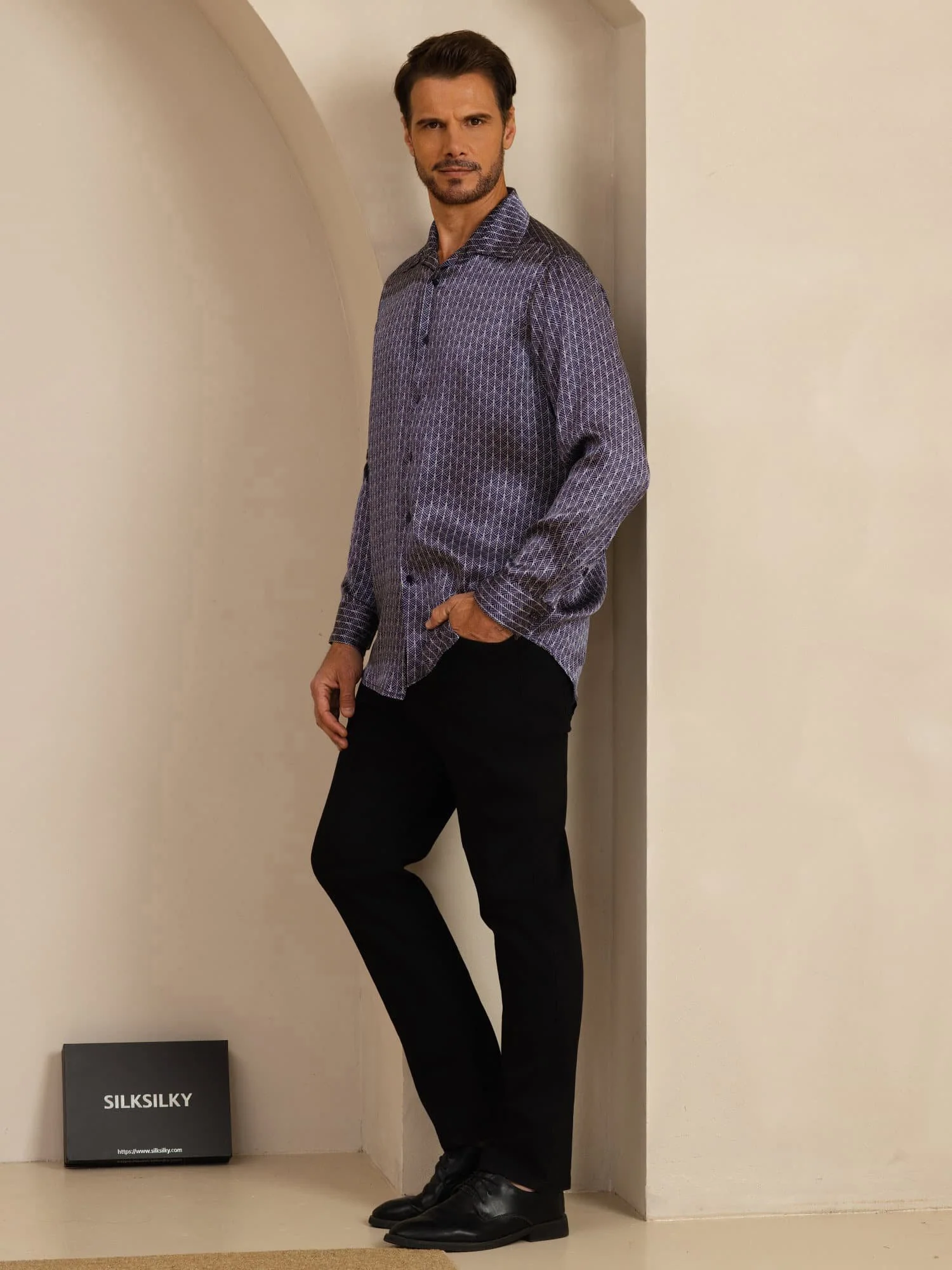 Pure Silk Men's Long Sleeve Lapel Collar Ginkgo Print Shirt - Image 7