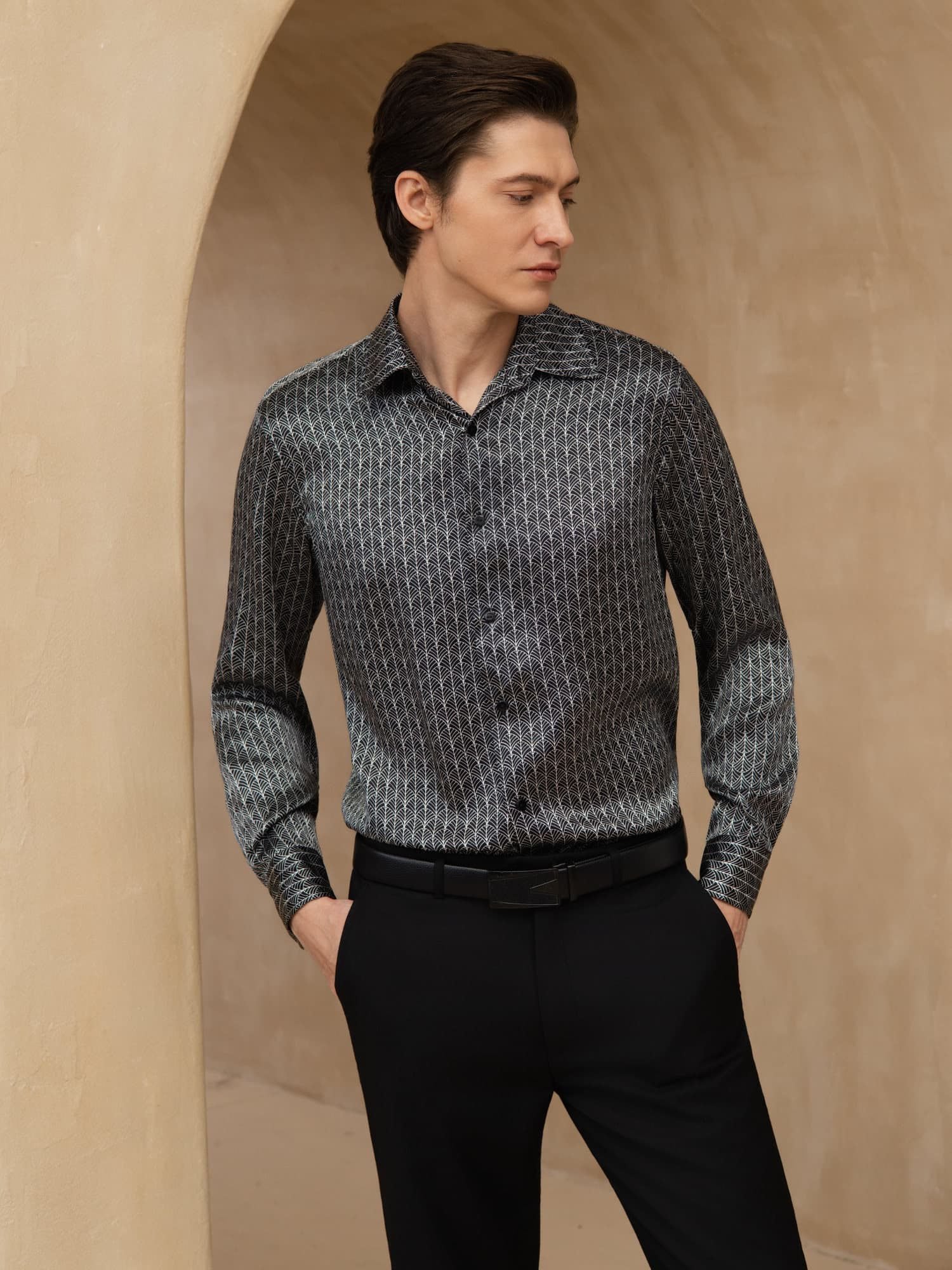 Pure Silk Men's Long Sleeve Lapel Collar Ginkgo Print Shirt - Image 8