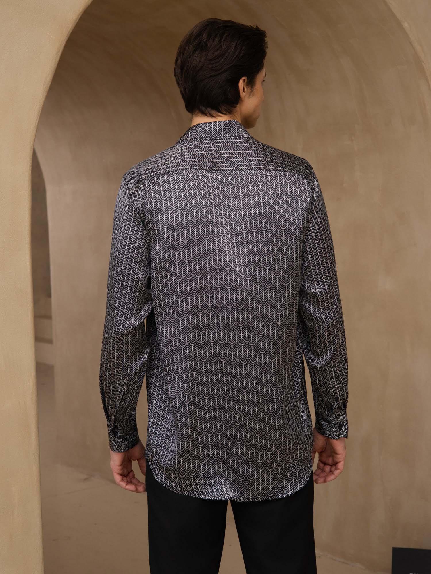 Pure Silk Men's Long Sleeve Lapel Collar Ginkgo Print Shirt - Image 9