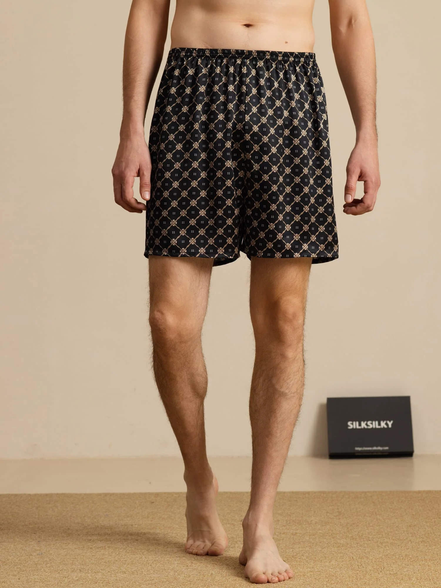Pure Silk Navy Chain Print Elastic Waist Men's Sleep Shorts - Image 11