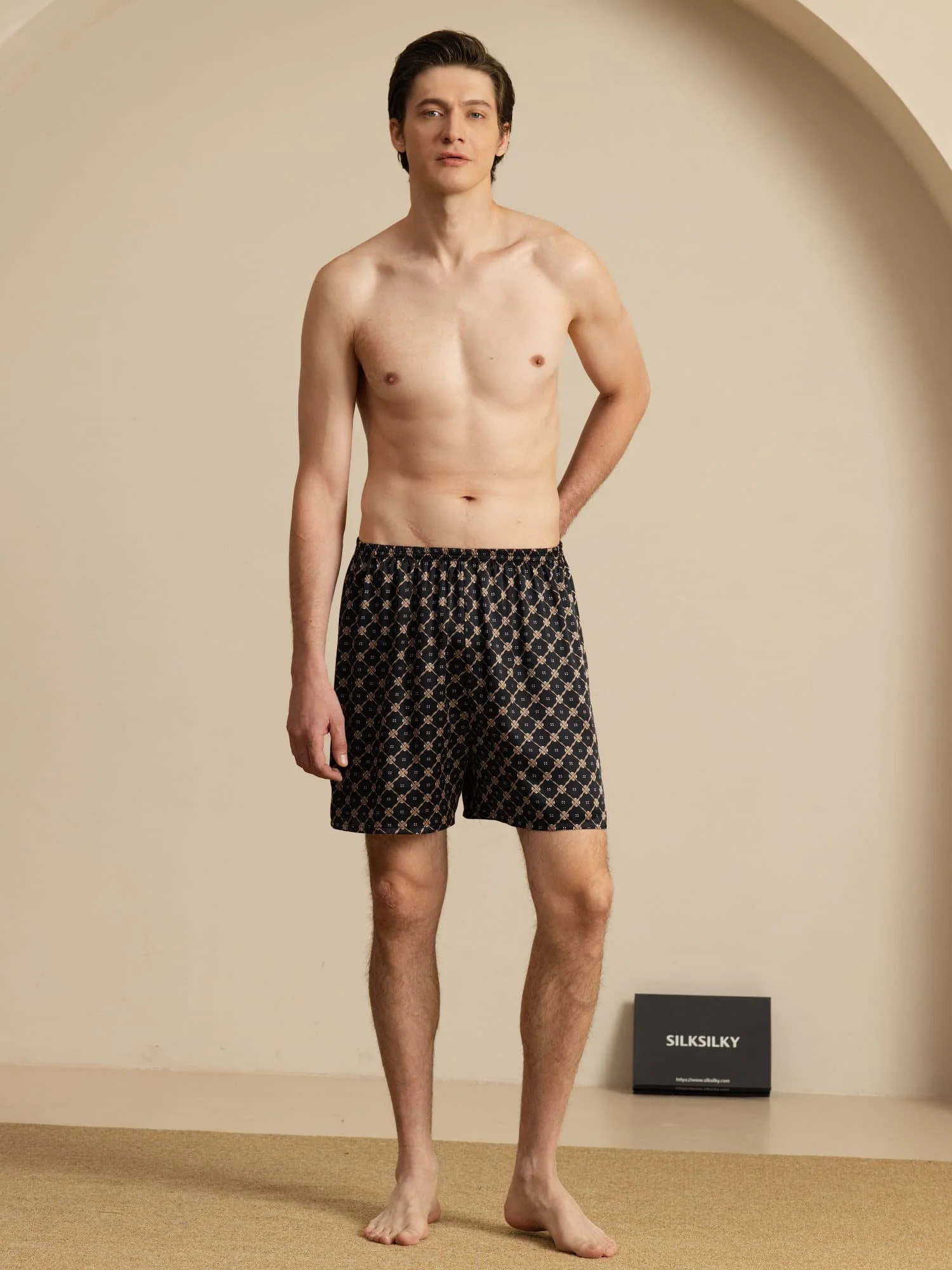 Pure Silk Navy Chain Print Elastic Waist Men's Sleep Shorts - Image 13