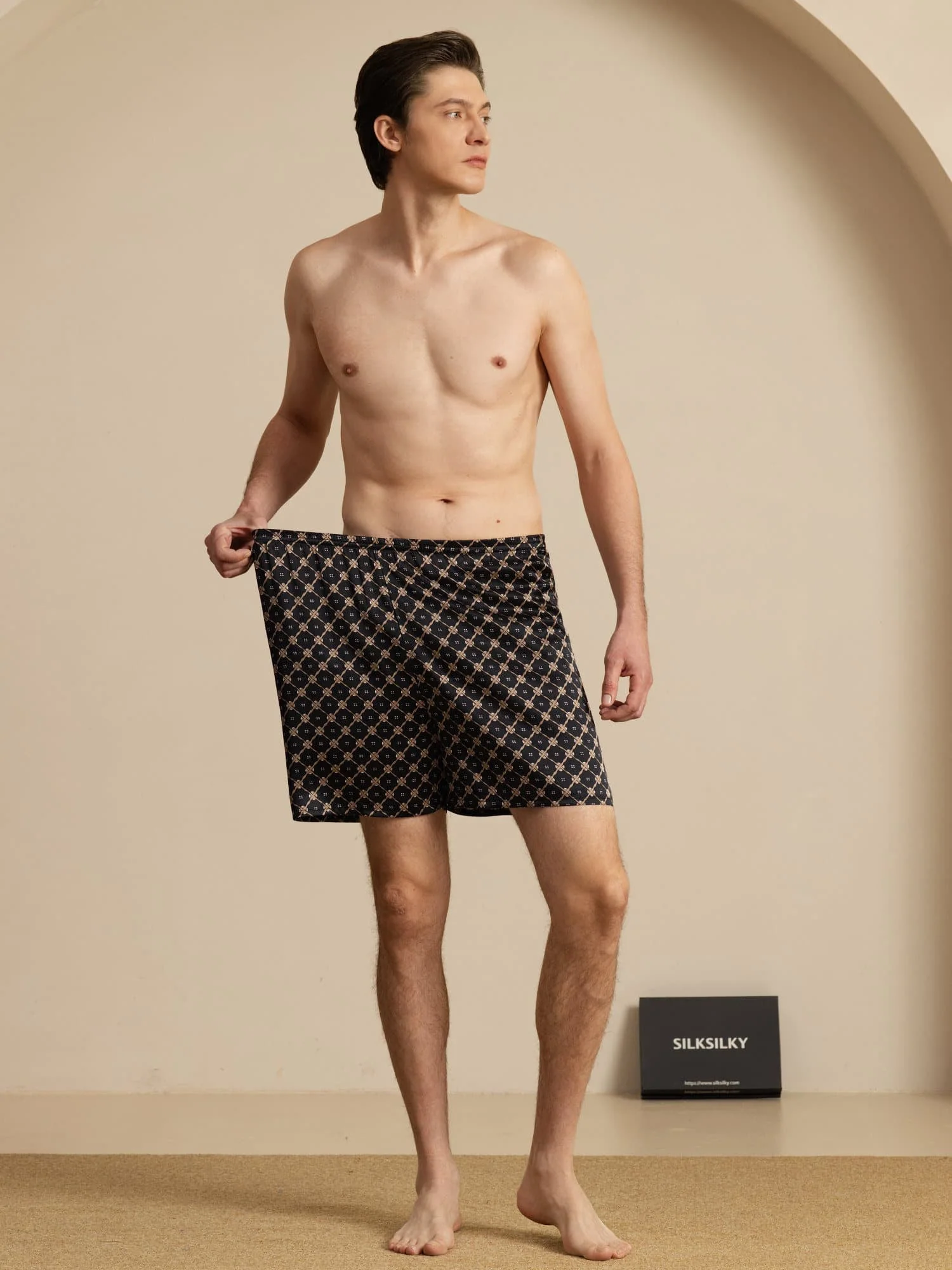 Pure Silk Navy Chain Print Elastic Waist Men's Sleep Shorts - Image 14