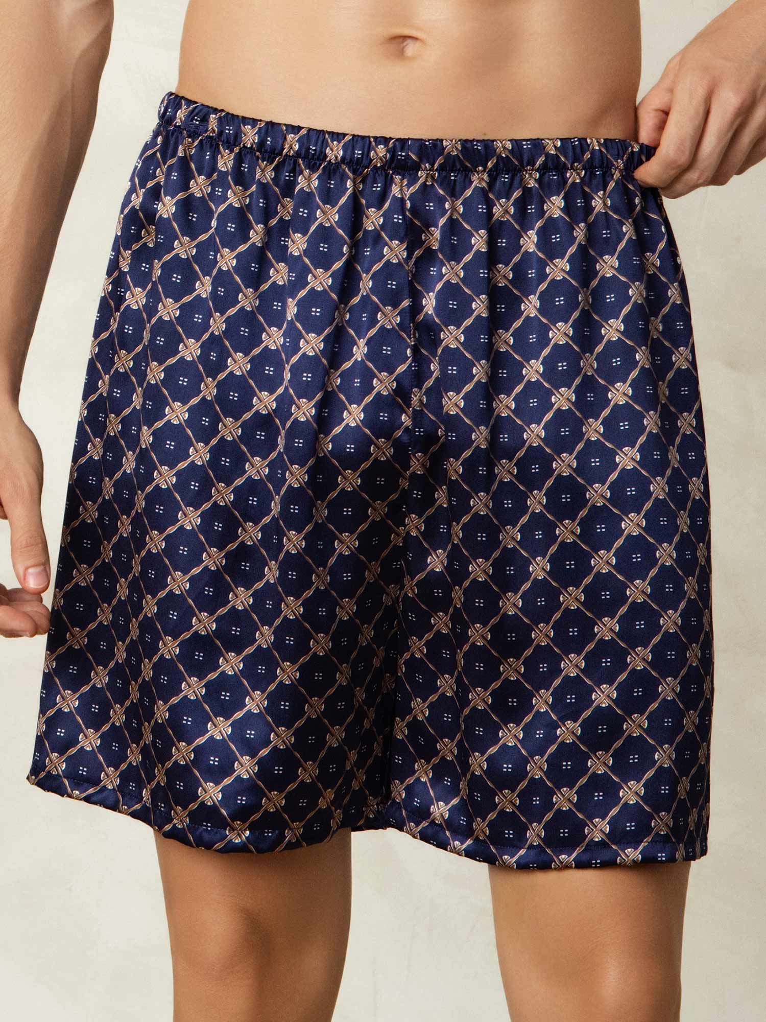 Pure Silk Navy Chain Print Elastic Waist Men's Sleep Shorts - Image 3