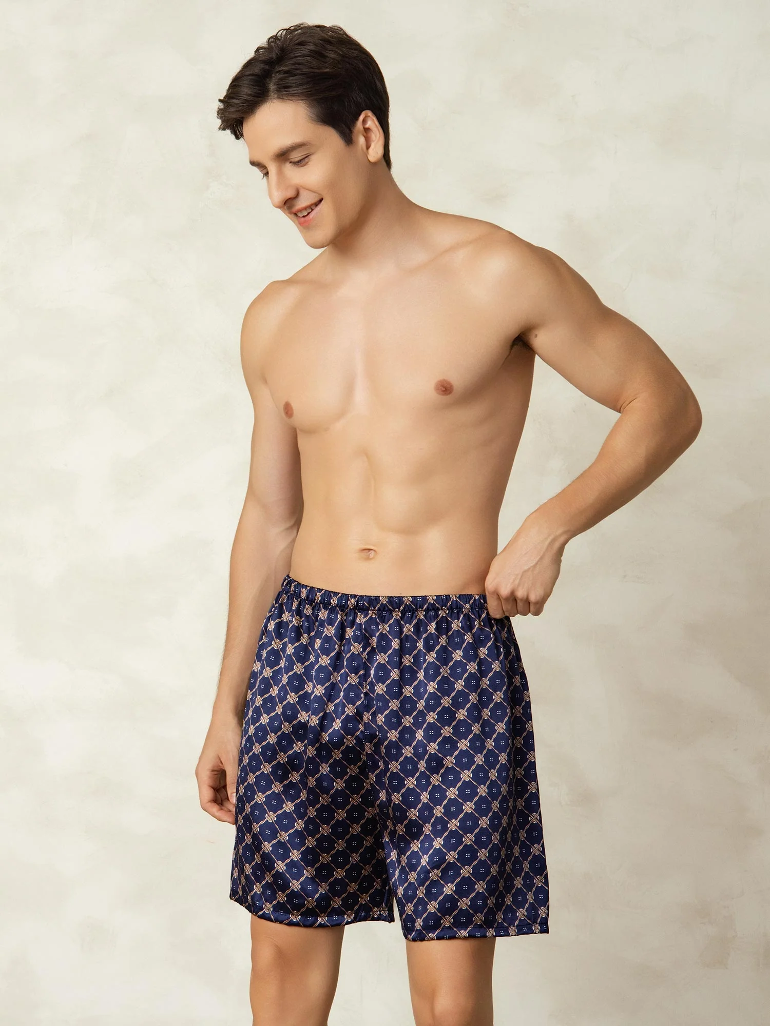 Pure Silk Navy Chain Print Elastic Waist Men's Sleep Shorts - Image 5