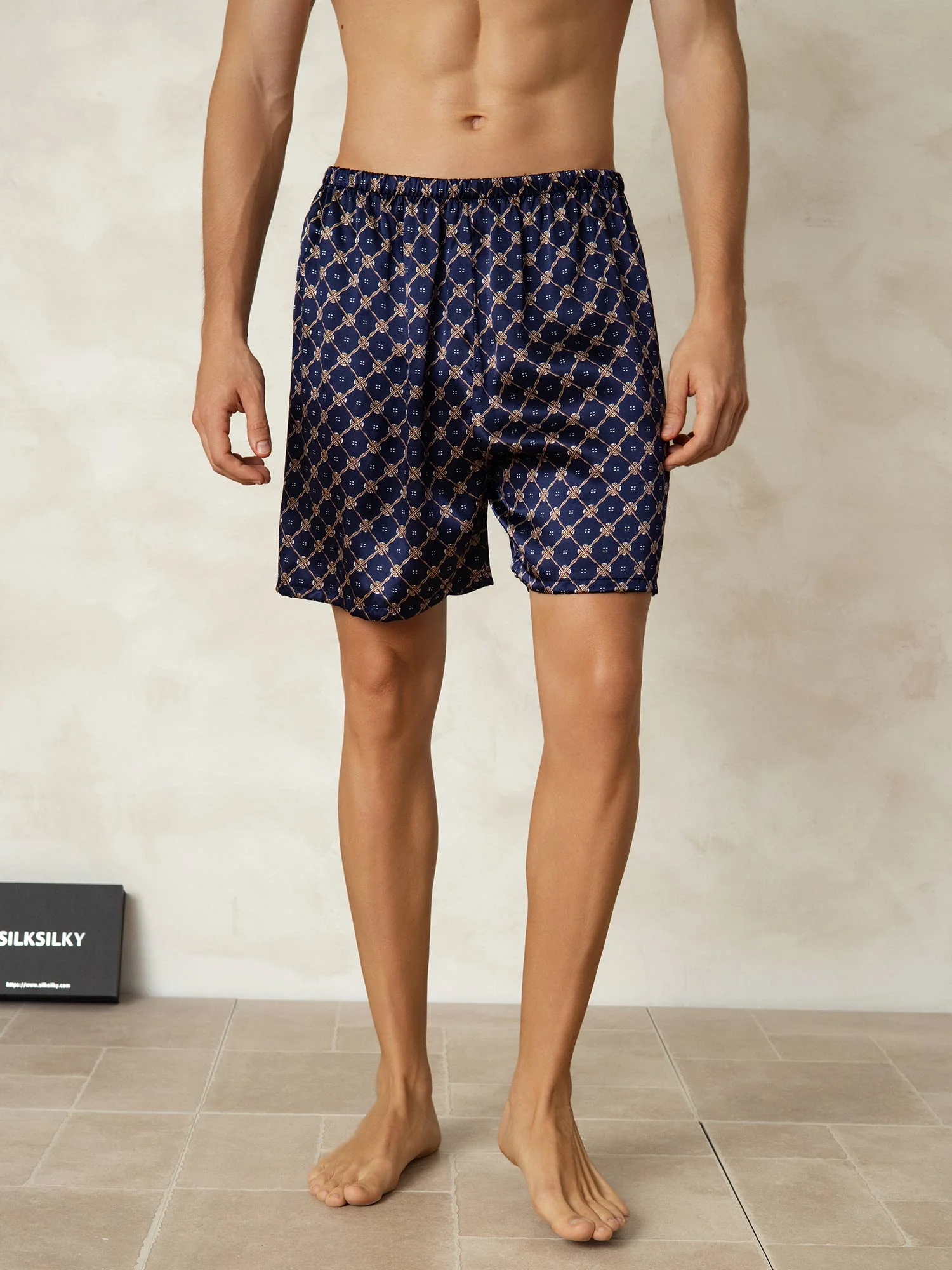Pure Silk Navy Chain Print Elastic Waist Men's Sleep Shorts - Image 6