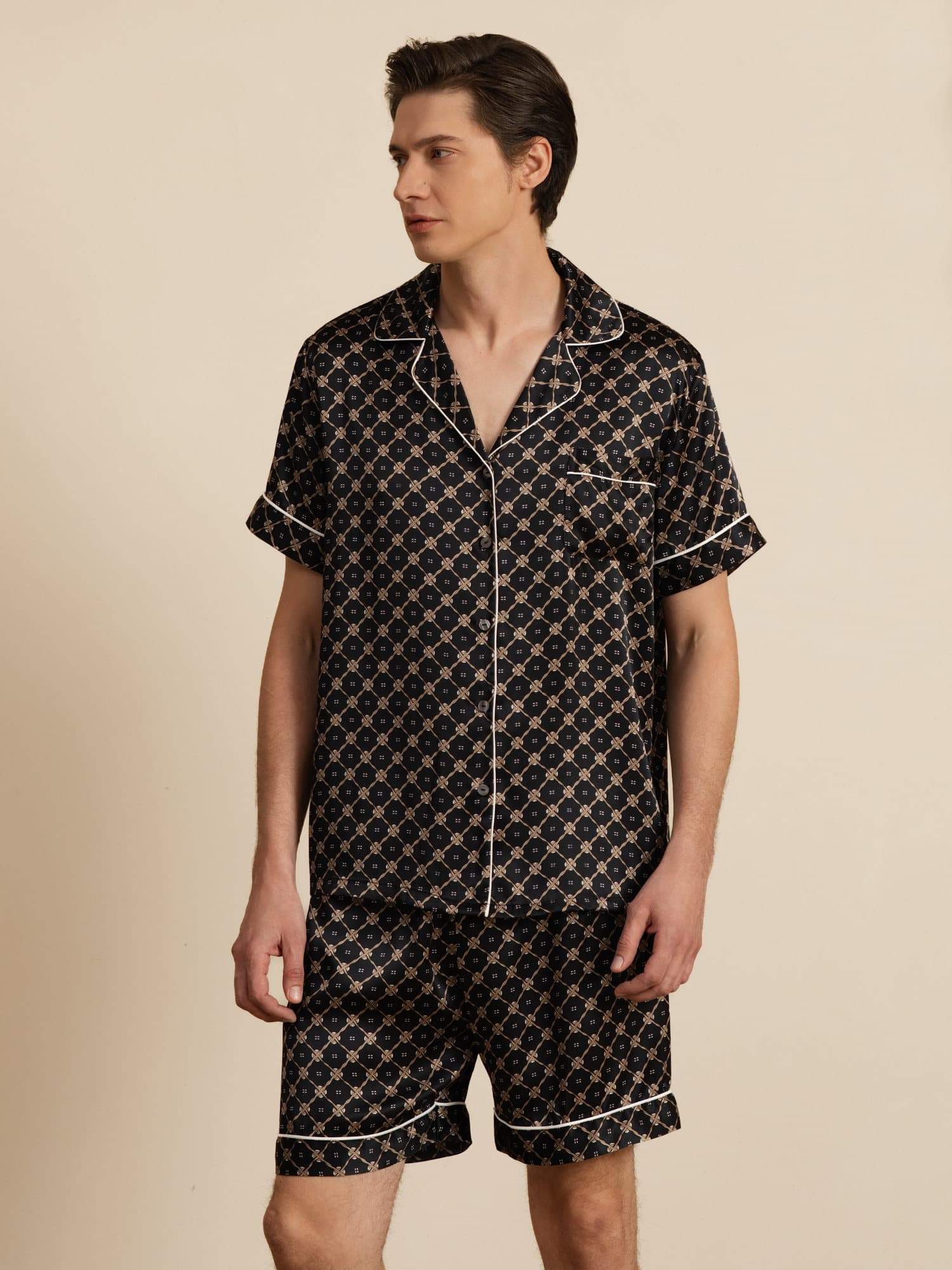 Pure Silk Short Sleeve Notch Collar Men's Chain Print Pajamas Set with Shorts - Image 8