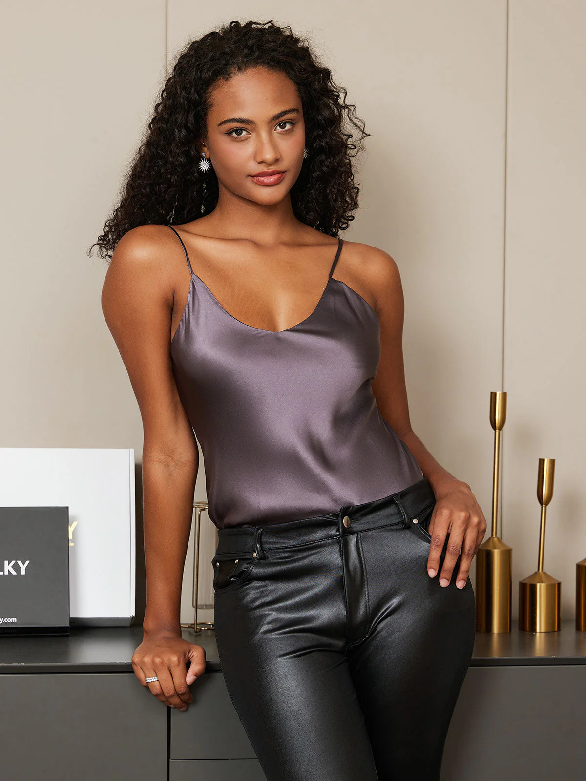 100% Mulberry Silk Spaghetti Strap Basic Camisole Top - Image 37