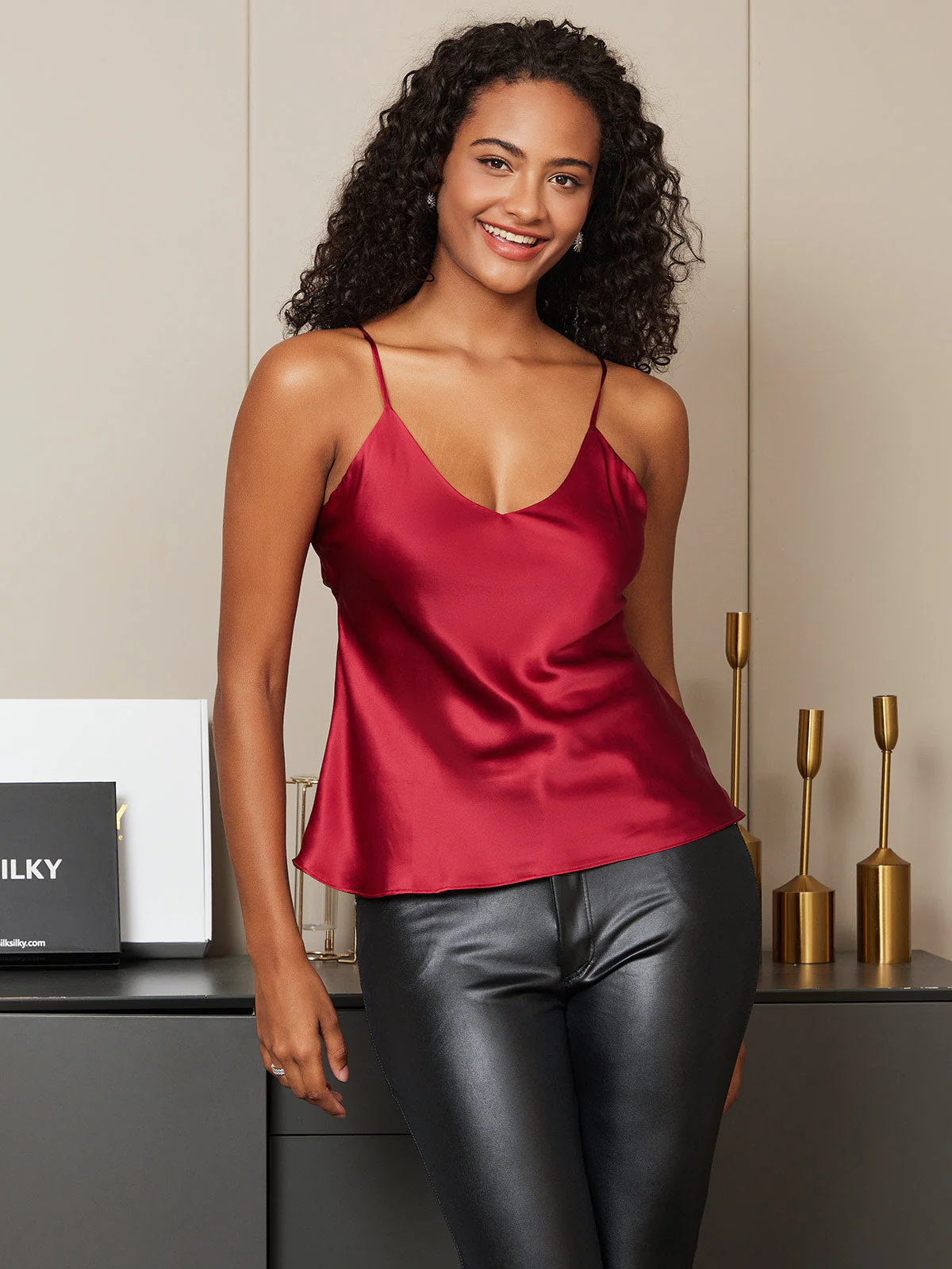 100% Mulberry Silk Spaghetti Strap Basic Camisole Top - Image 65