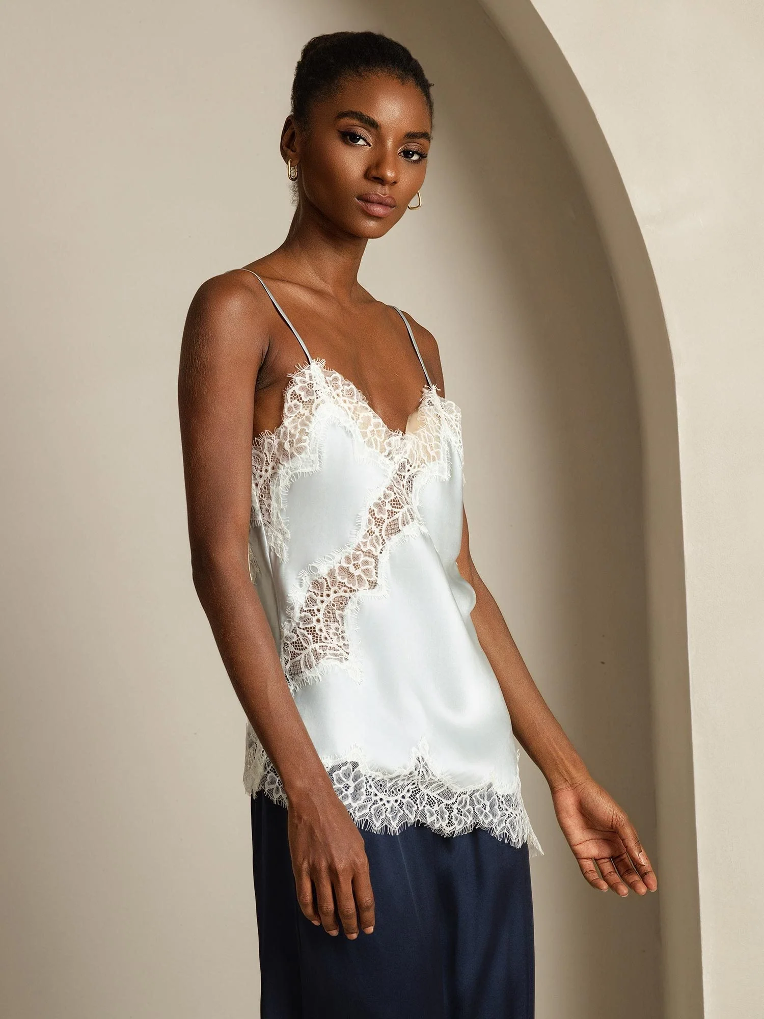100% Mulberry Silk Spaghetti Straps Lace Camisole Top with Asymmetrical Hem - Image 3