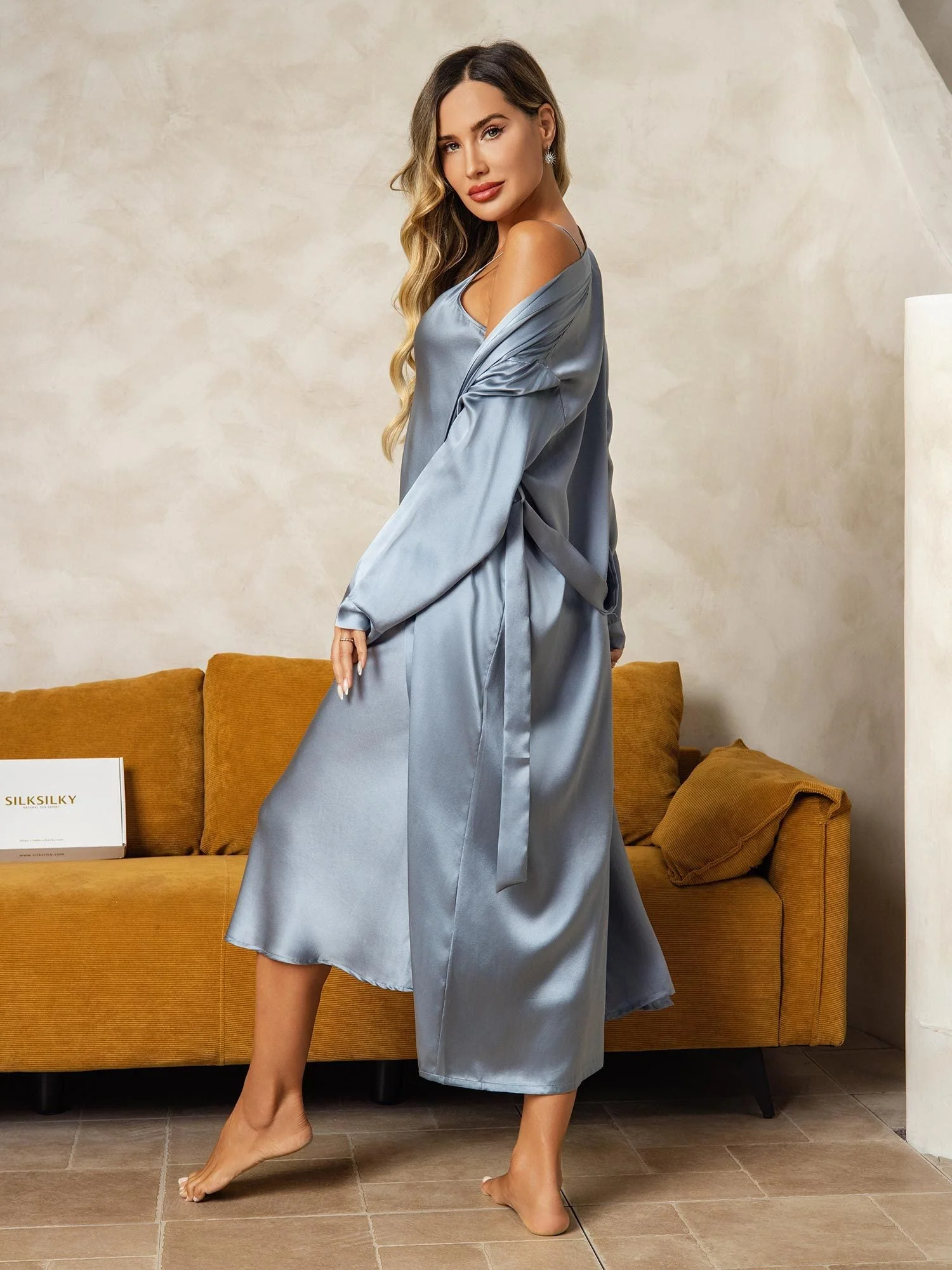 Pure Silk V-Neck Midi Nightgown & Robe Set 2Pcs - Image 18