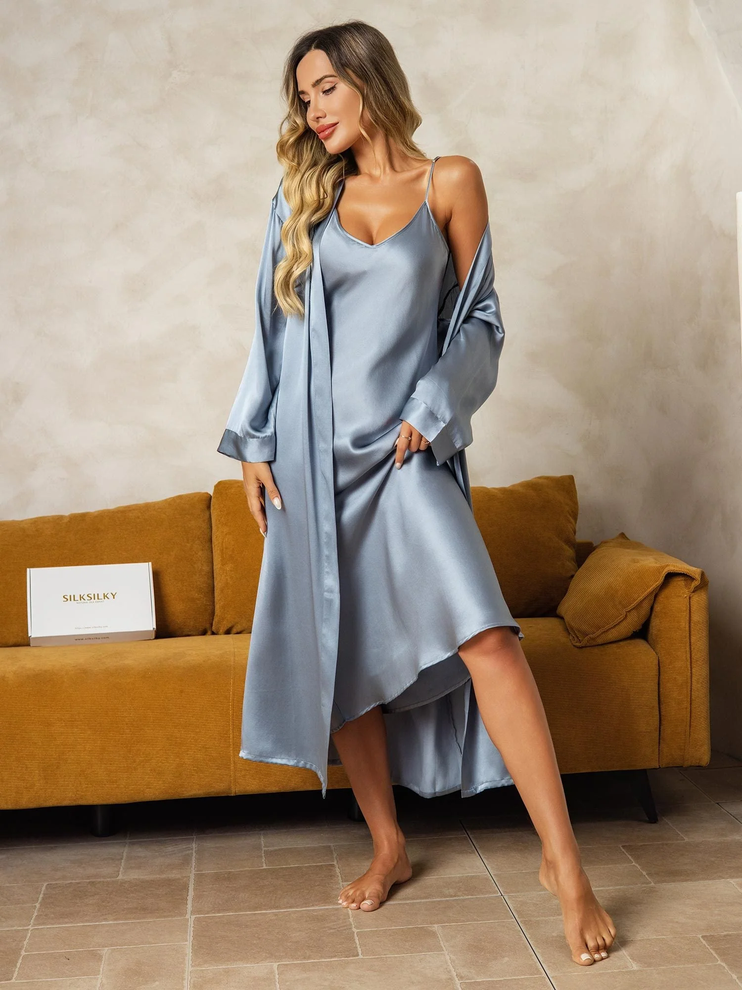 Pure Silk V-Neck Midi Nightgown & Robe Set 2Pcs - Image 20