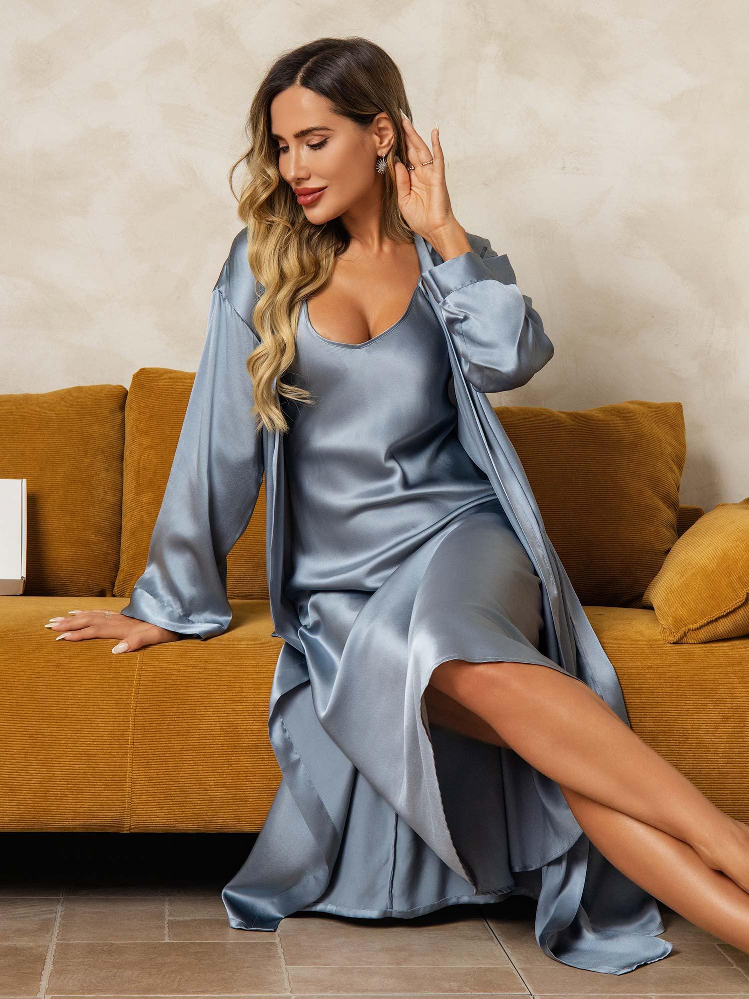 Pure Silk V-Neck Midi Nightgown & Robe Set 2Pcs - Image 25