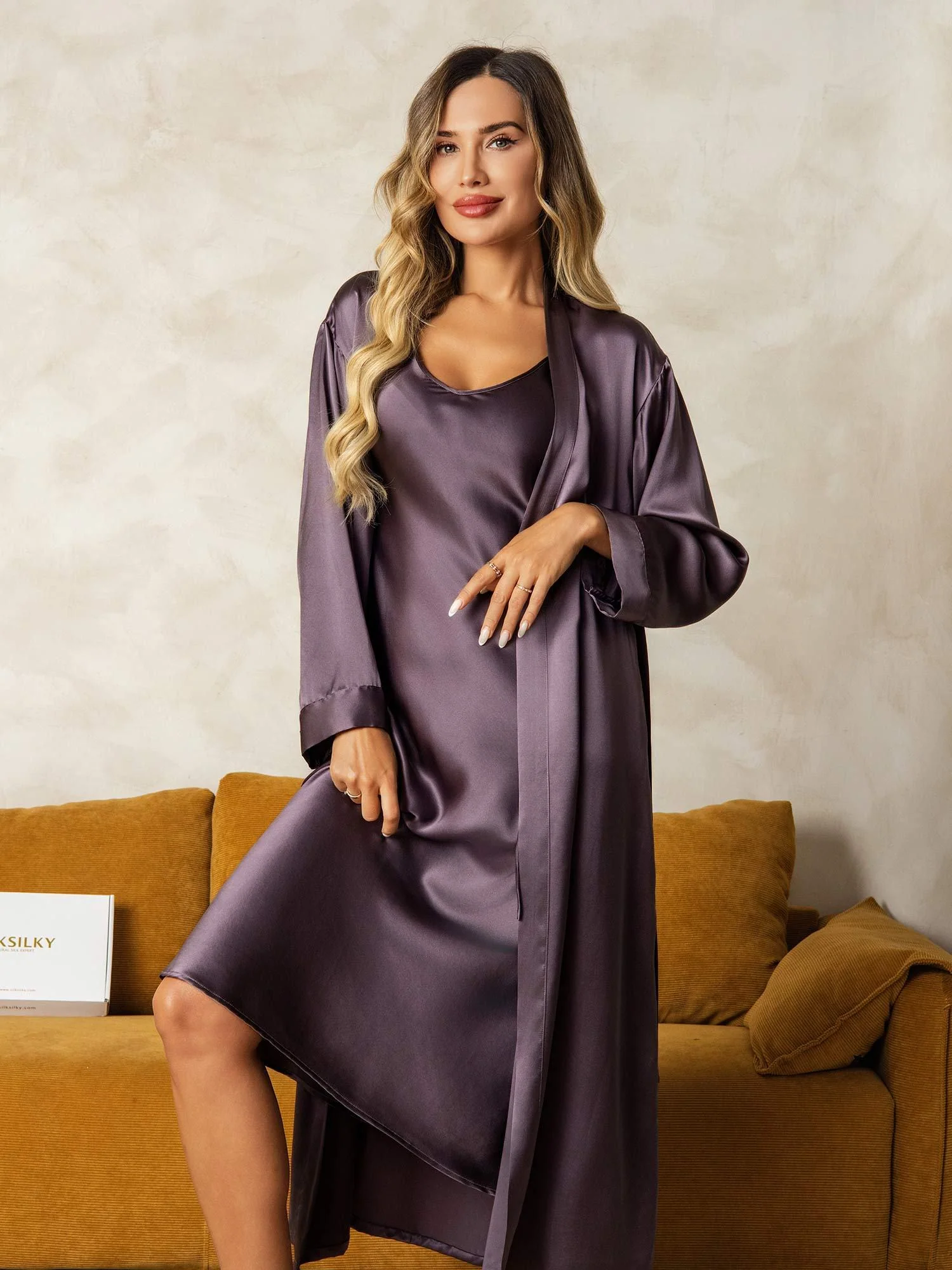Pure Silk V-Neck Midi Nightgown & Robe Set 2Pcs - Image 28