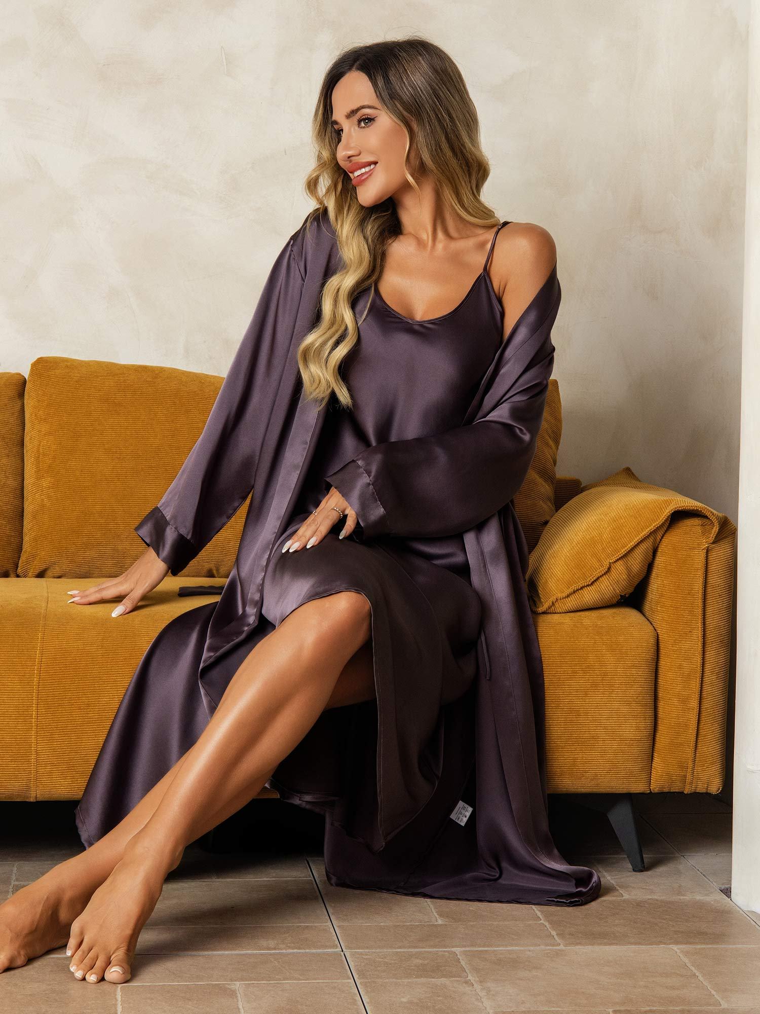 Pure Silk V-Neck Midi Nightgown & Robe Set 2Pcs - Image 29
