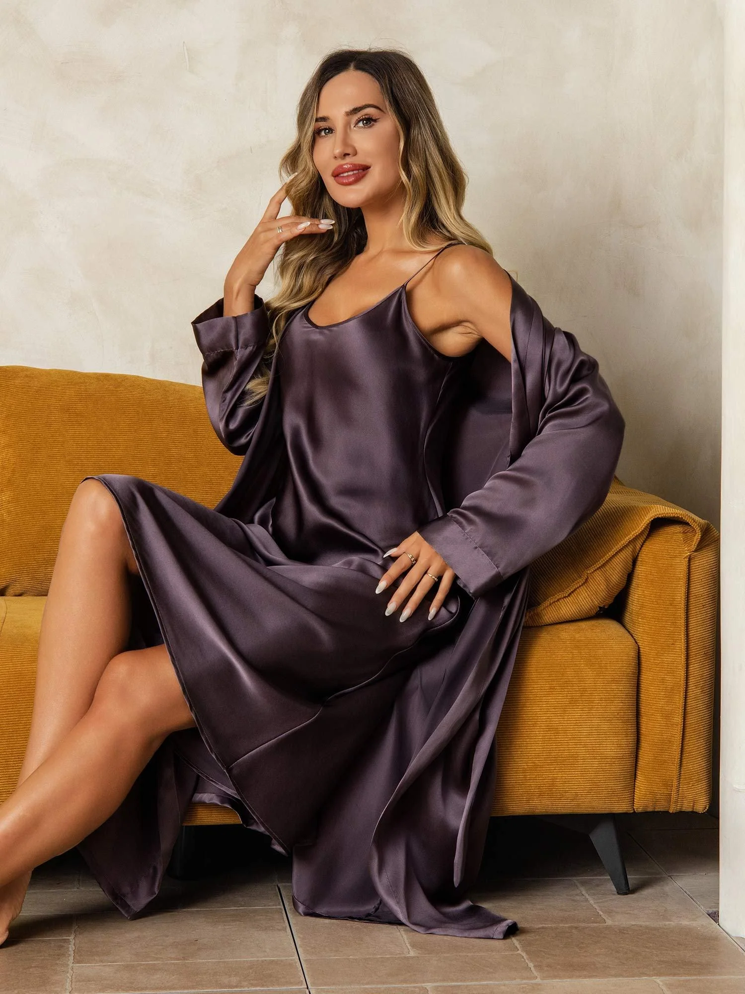 Pure Silk V-Neck Midi Nightgown & Robe Set 2Pcs - Image 31