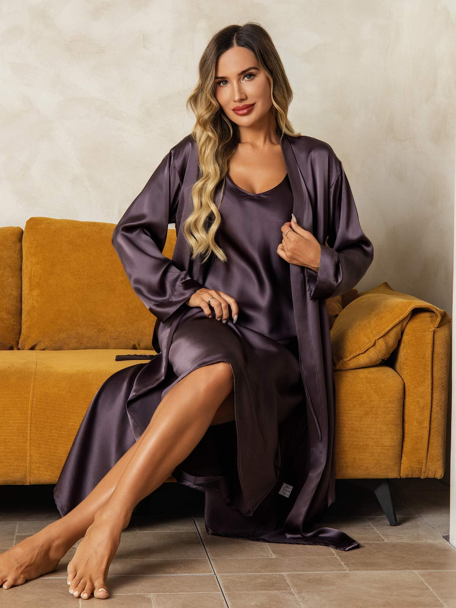 Pure Silk V-Neck Midi Nightgown & Robe Set 2Pcs - Image 32