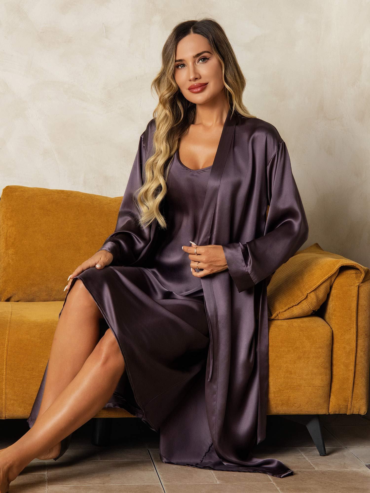 Pure Silk V-Neck Midi Nightgown & Robe Set 2Pcs - Image 33