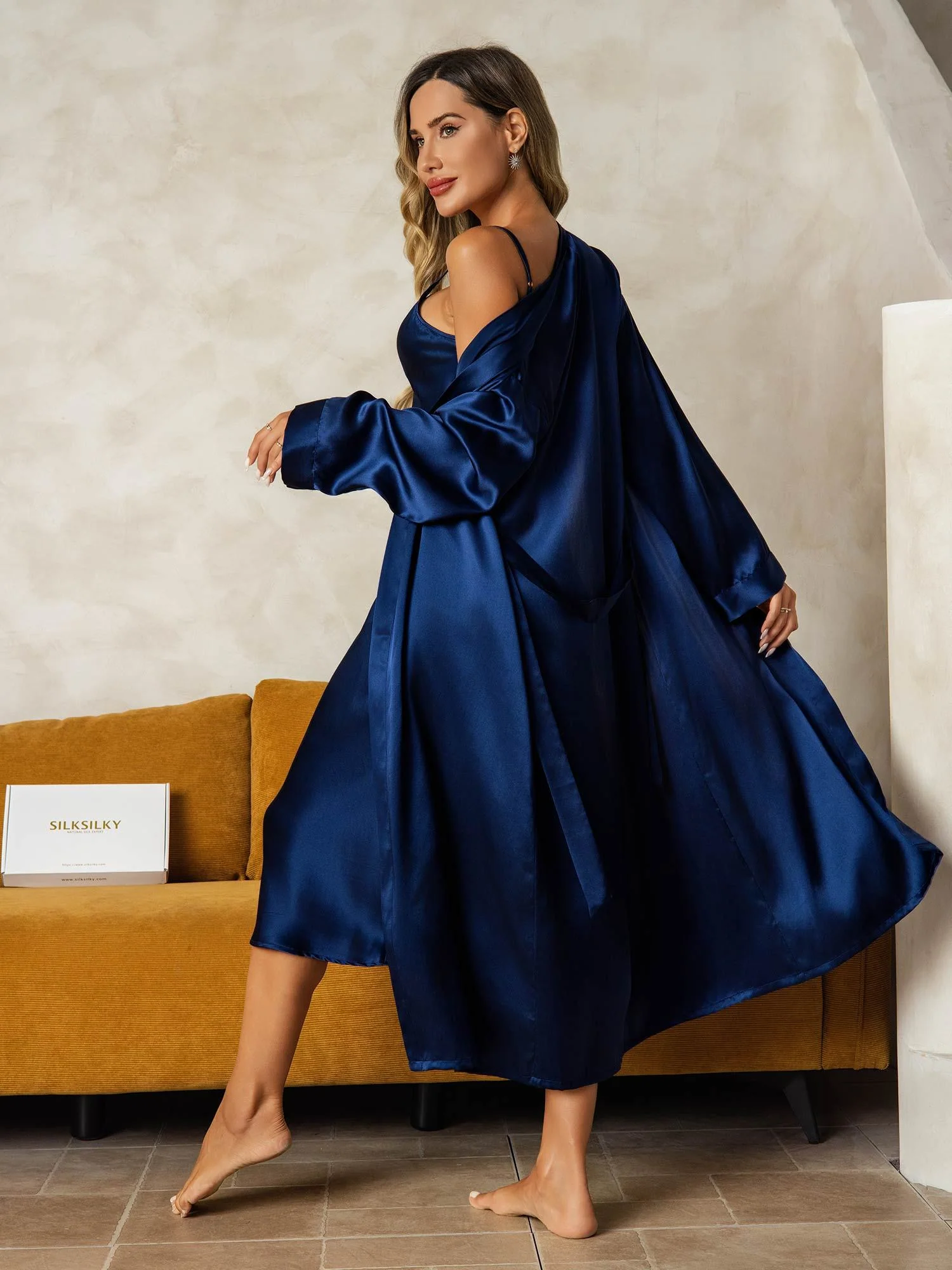 Pure Silk V-Neck Midi Nightgown & Robe Set 2Pcs - Image 36