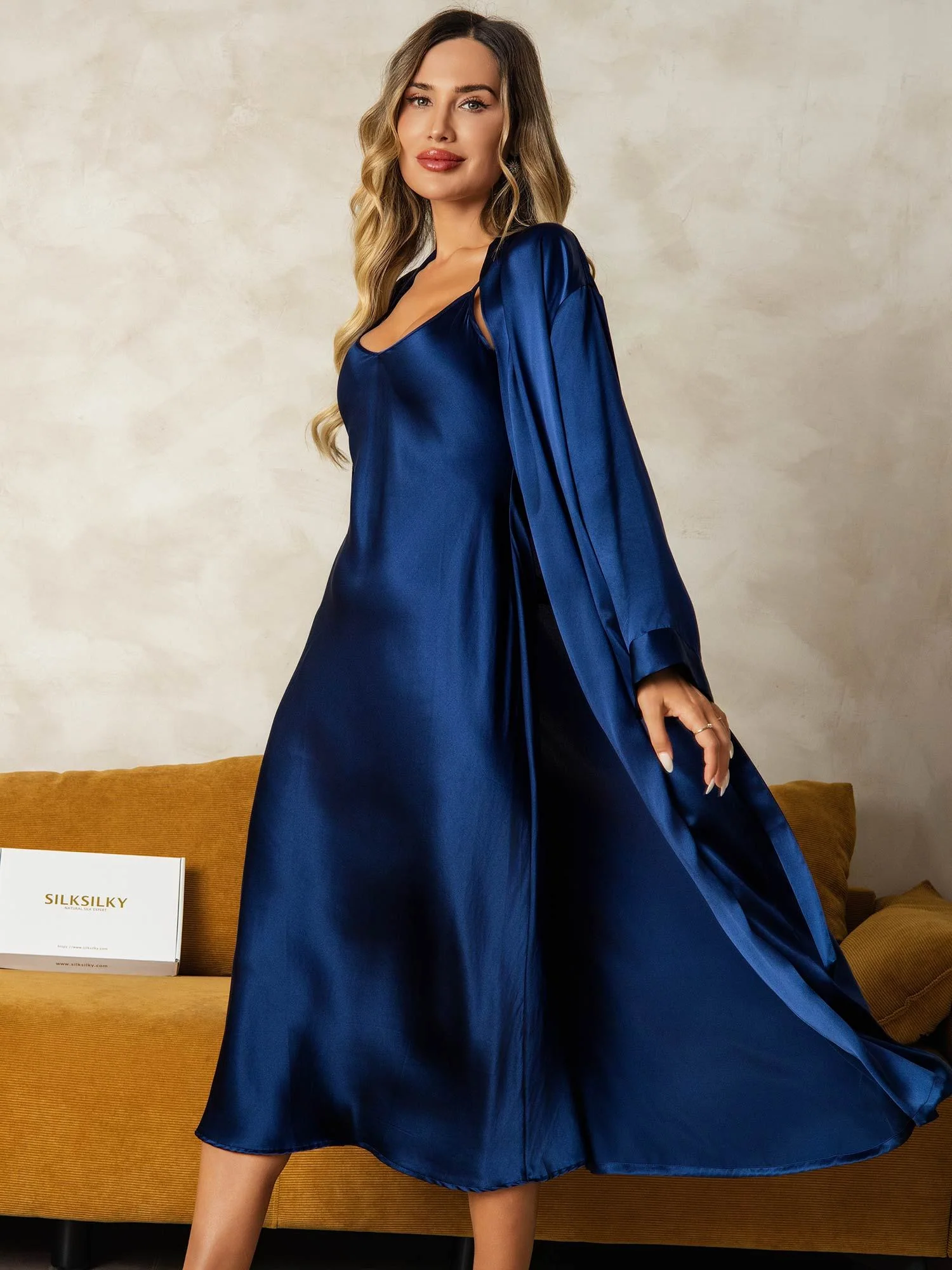 Pure Silk V-Neck Midi Nightgown & Robe Set 2Pcs - Image 38
