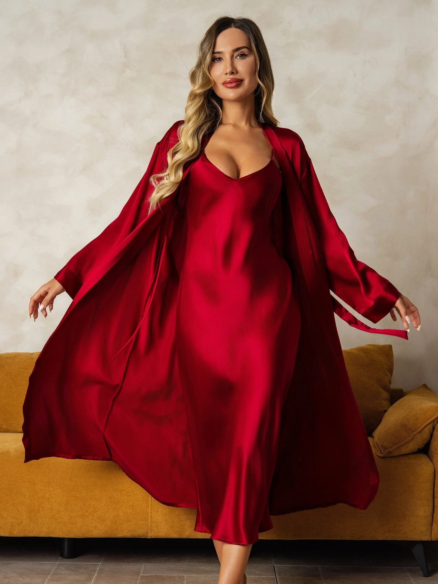 Pure Silk V-Neck Midi Nightgown & Robe Set 2Pcs - Image 4