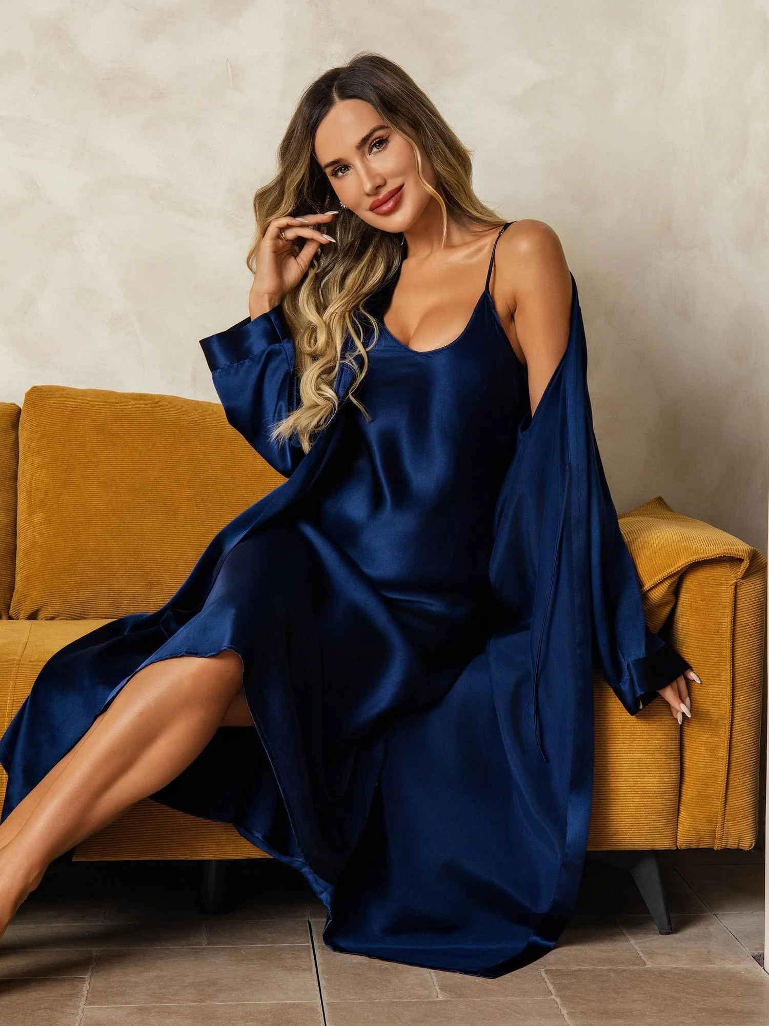 Pure Silk V-Neck Midi Nightgown & Robe Set 2Pcs - Image 40