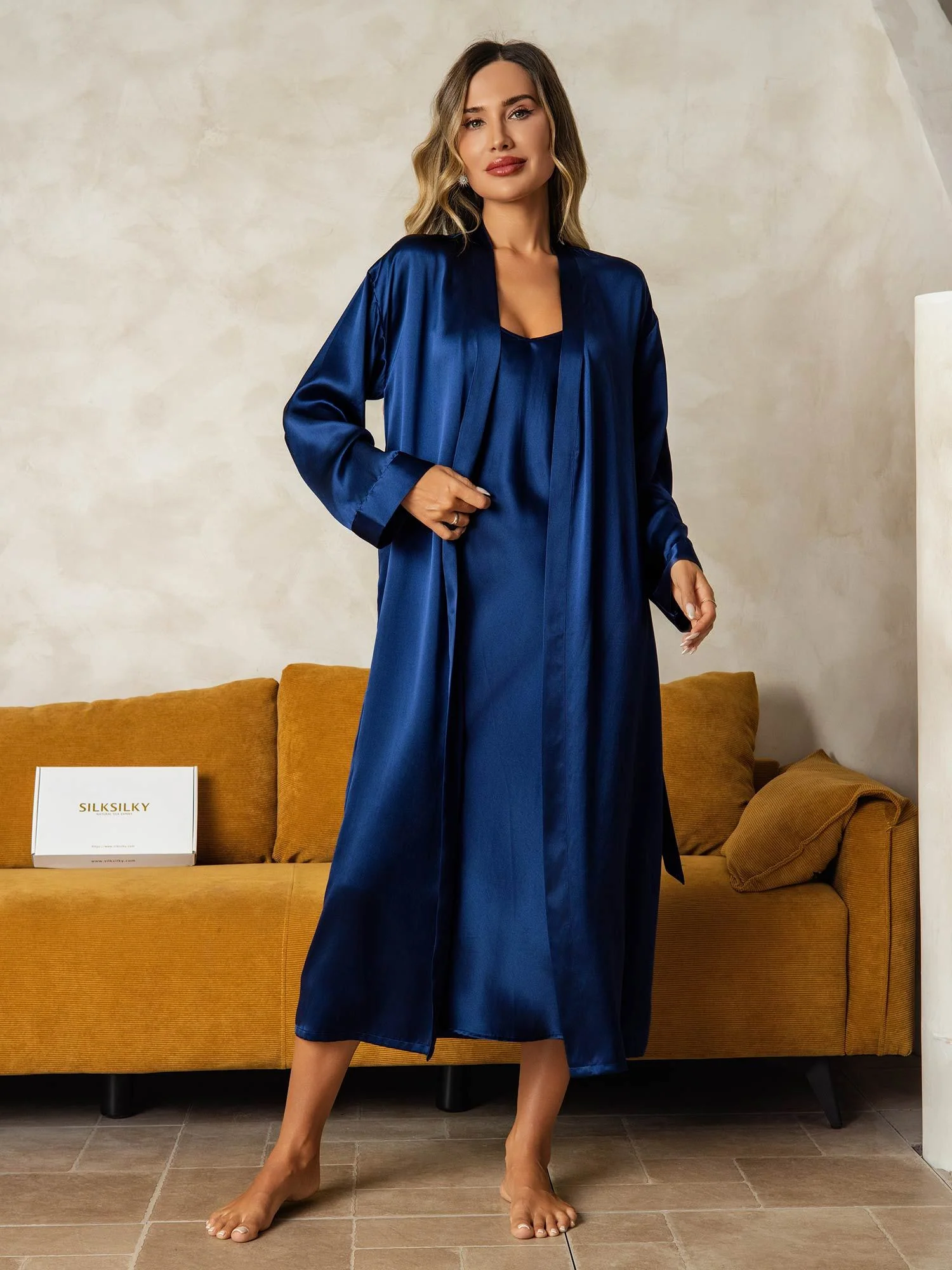 Pure Silk V-Neck Midi Nightgown & Robe Set 2Pcs - Image 42