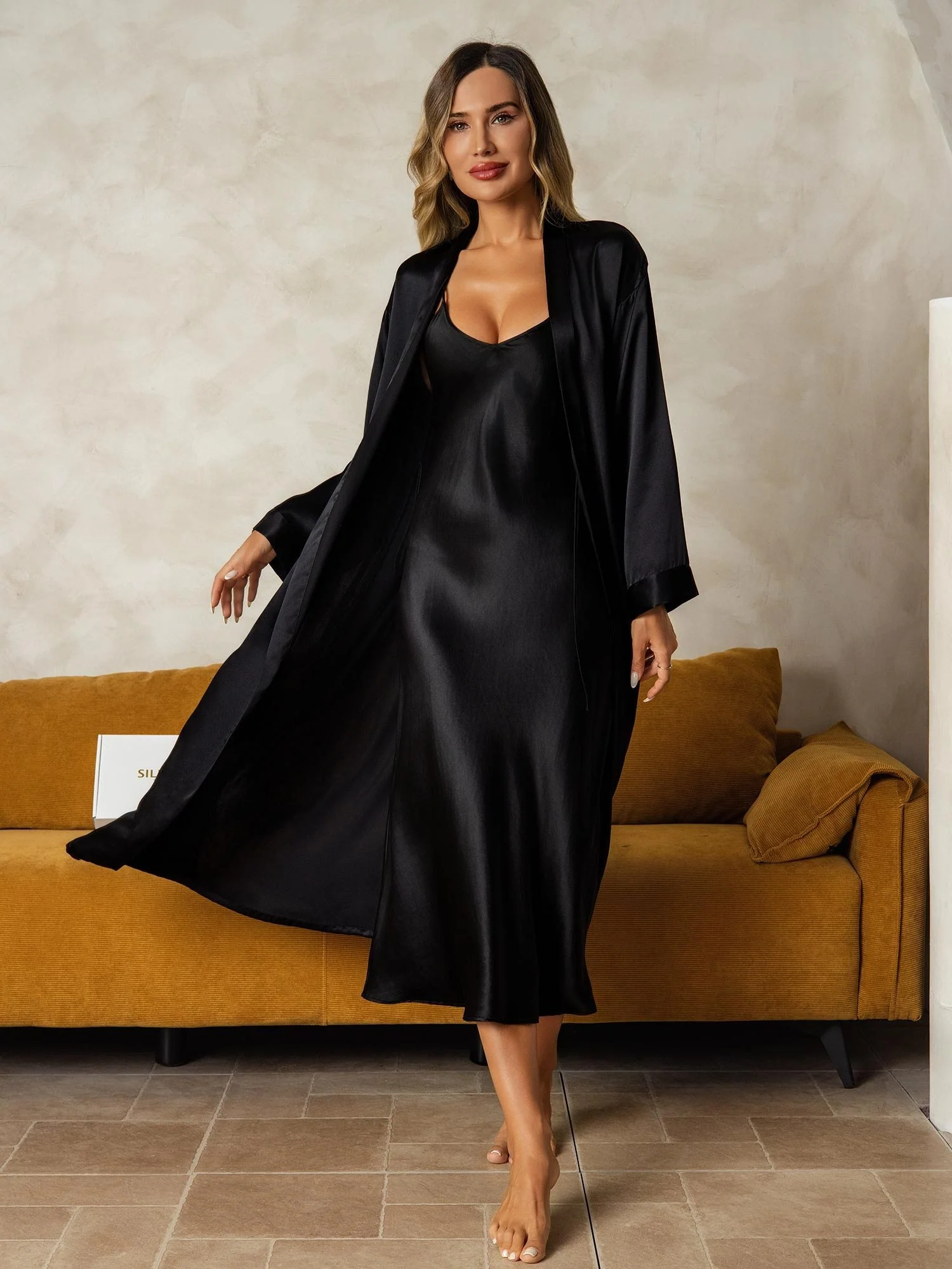 Pure Silk V-Neck Midi Nightgown & Robe Set 2Pcs - Image 44