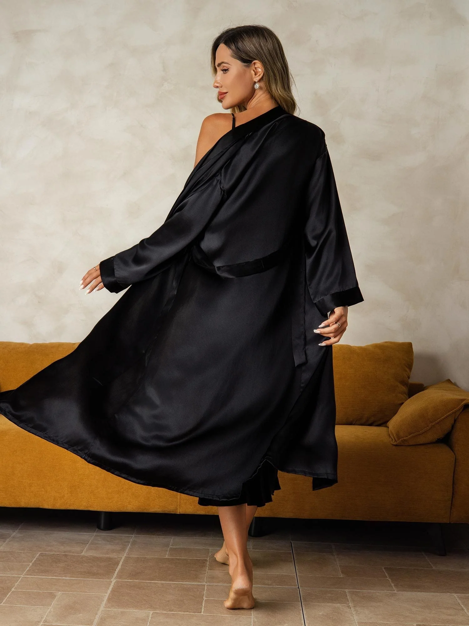 Pure Silk V-Neck Midi Nightgown & Robe Set 2Pcs - Image 45