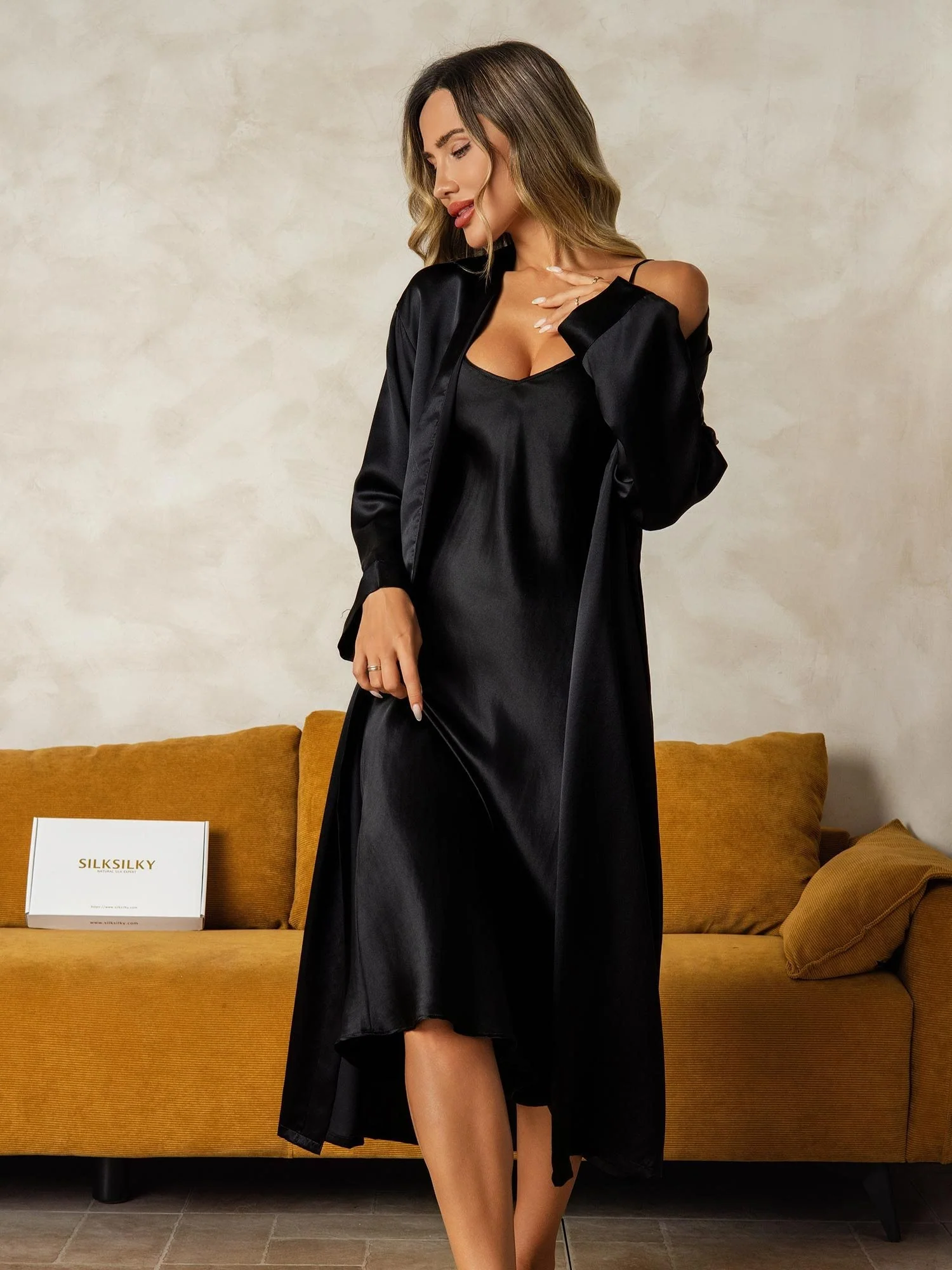 Pure Silk V-Neck Midi Nightgown & Robe Set 2Pcs - Image 46
