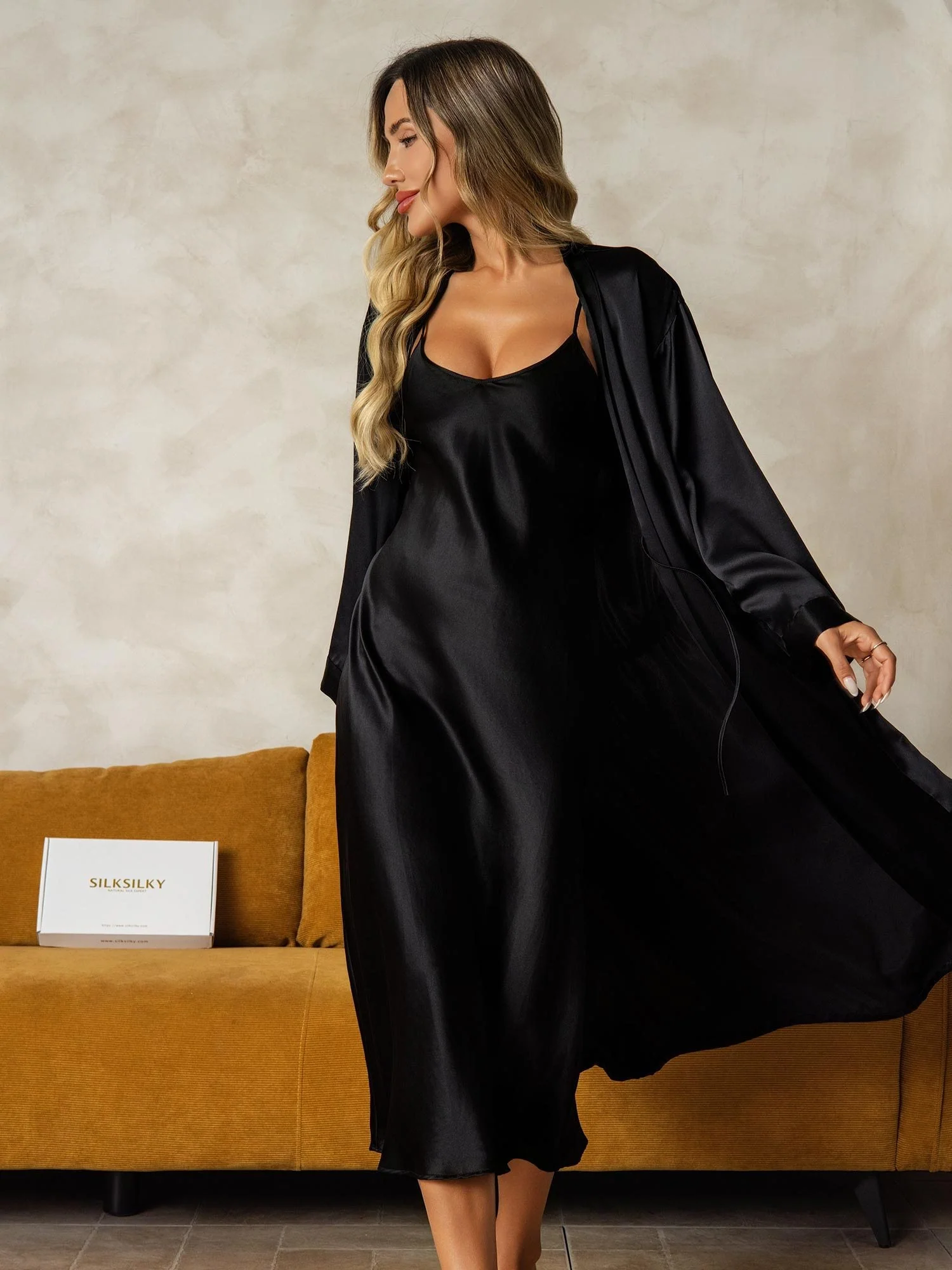 Pure Silk V-Neck Midi Nightgown & Robe Set 2Pcs - Image 48