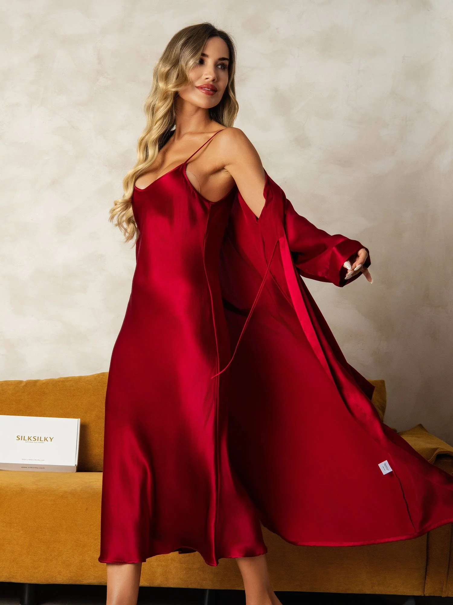 Pure Silk V-Neck Midi Nightgown & Robe Set 2Pcs - Image 7