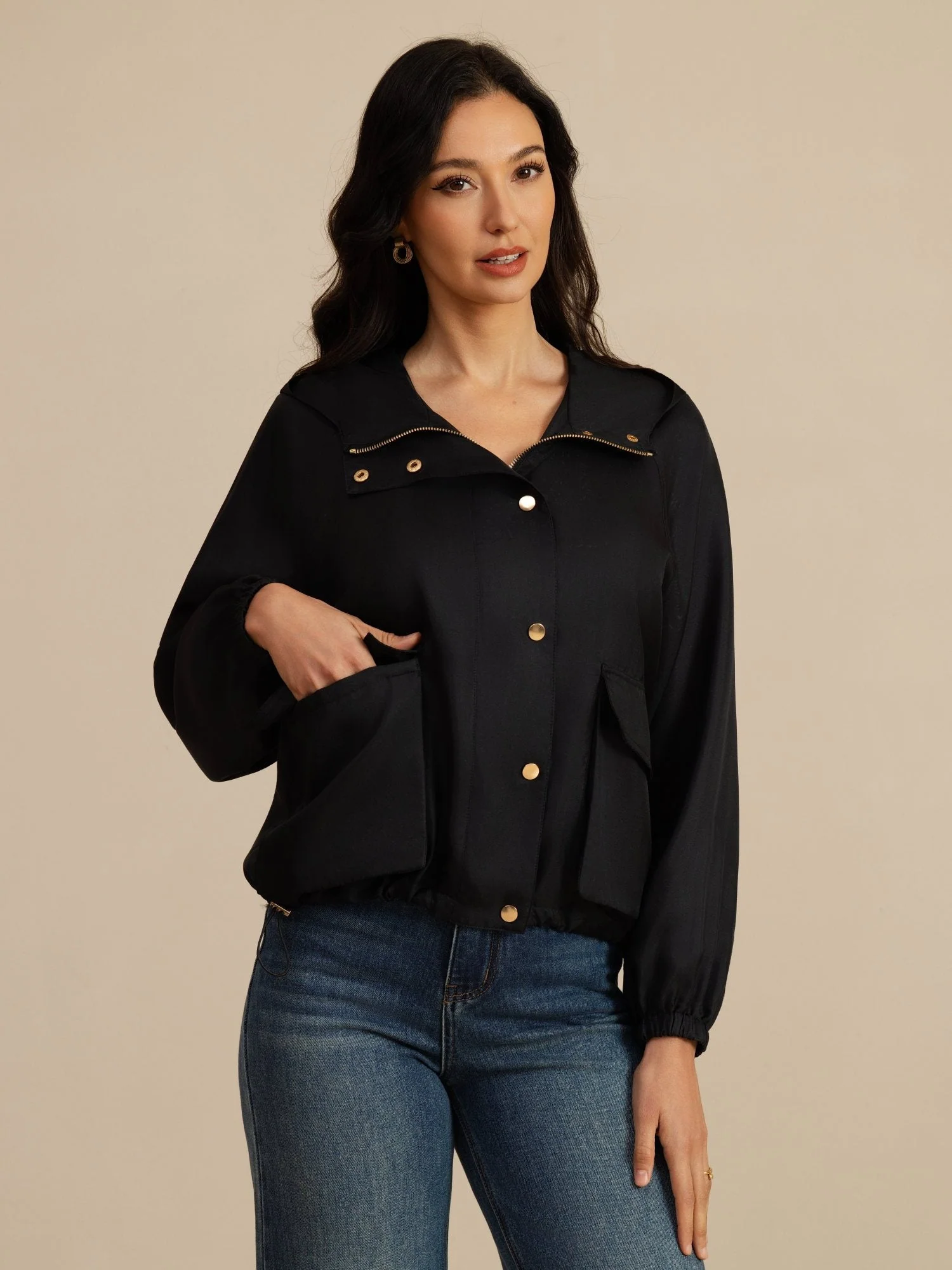 Pure Silk Women's Hooded Jacket With Large Flap Pockets - Image 10