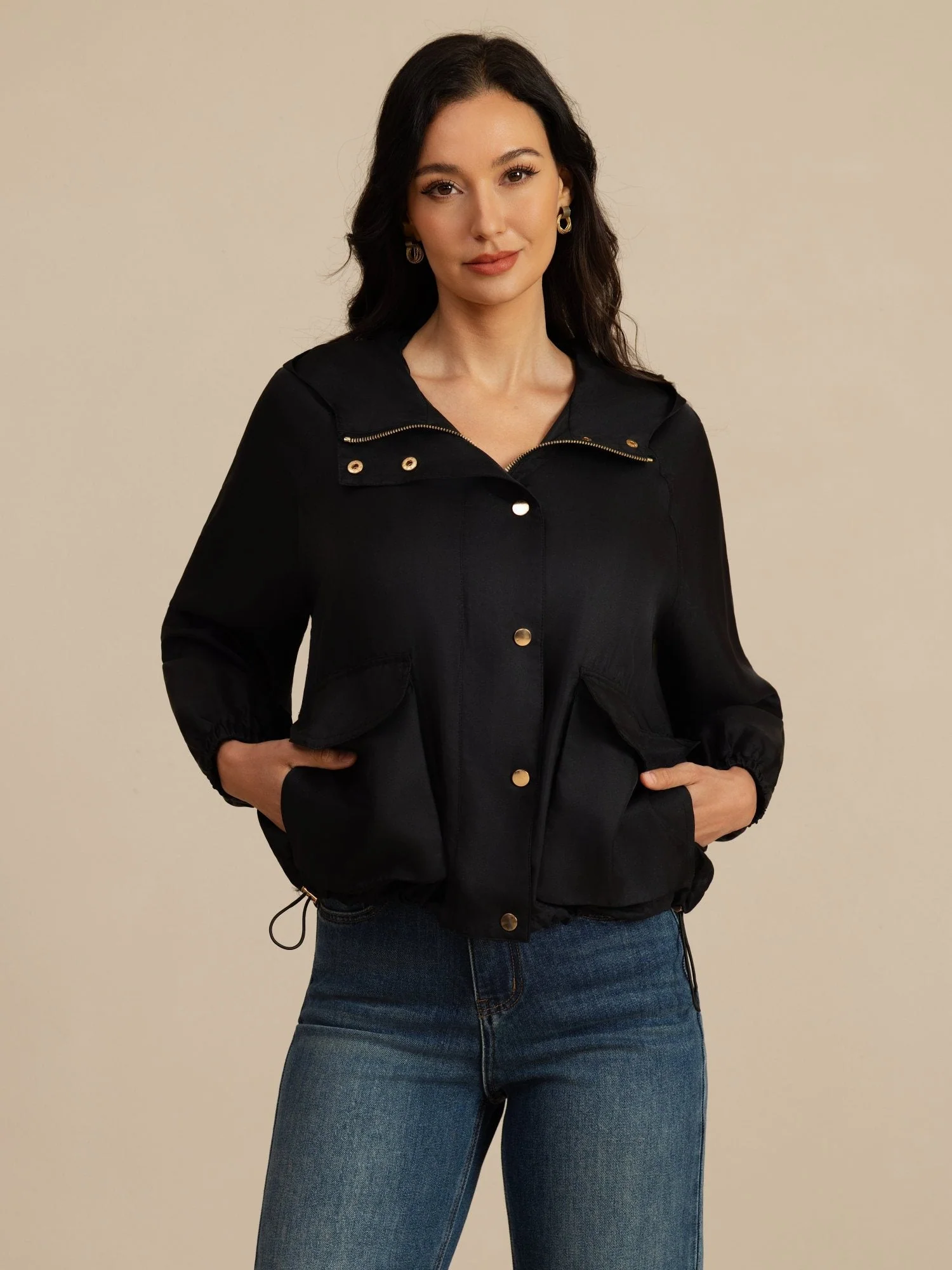 Pure Silk Women's Hooded Jacket With Large Flap Pockets - Image 11