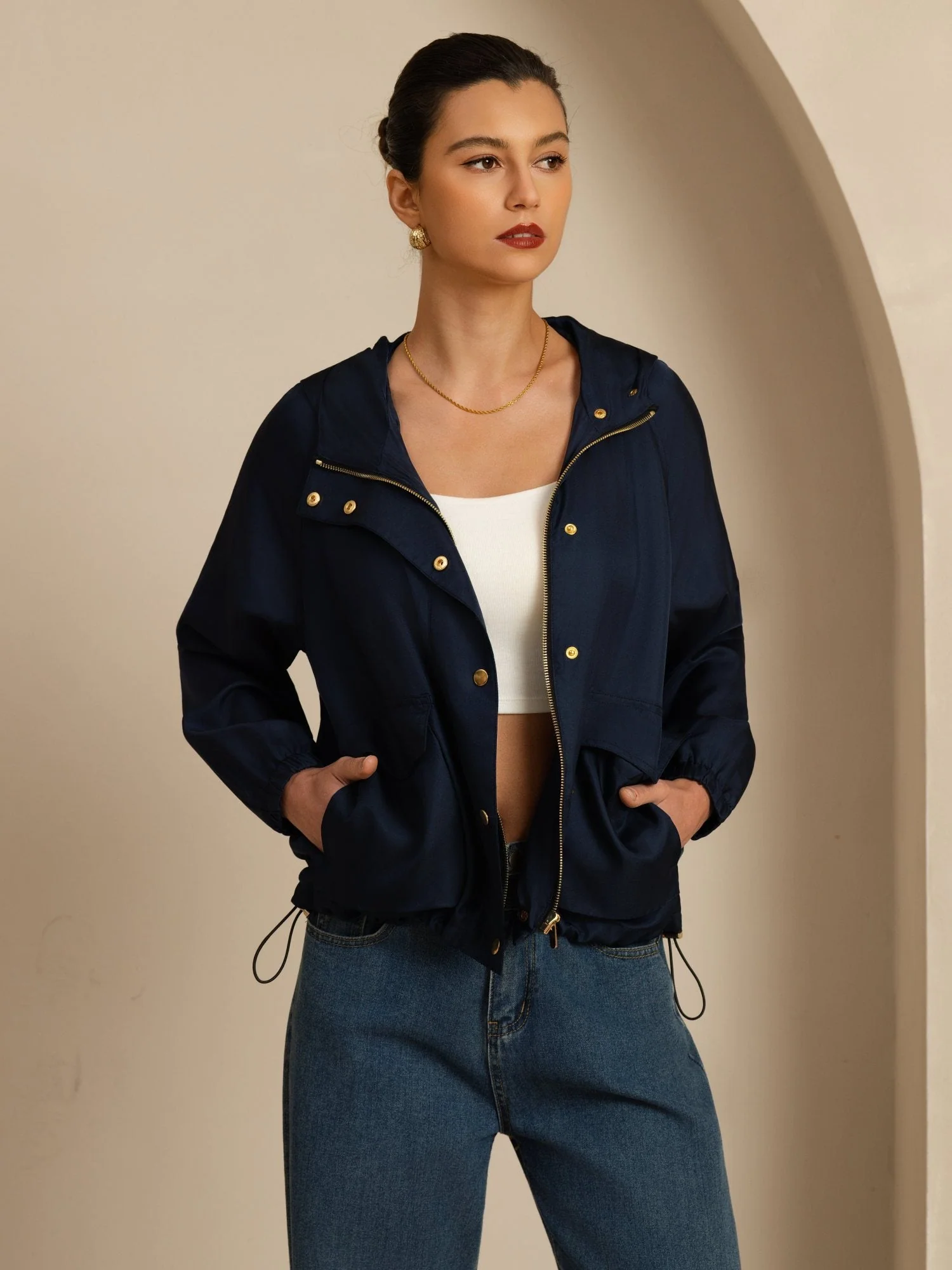 Pure Silk Women's Hooded Jacket With Large Flap Pockets - Image 15