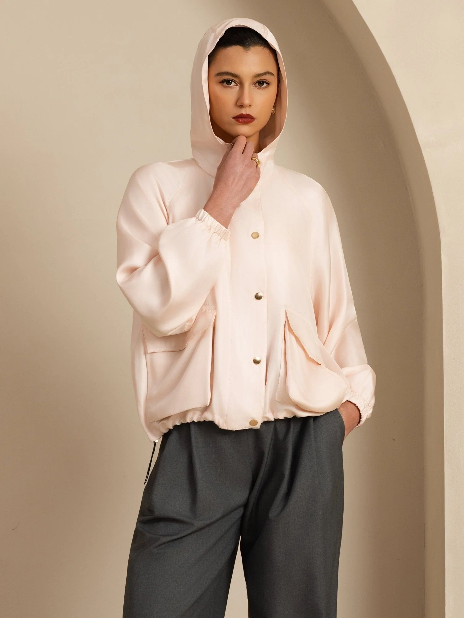 Pure Silk Women's Hooded Jacket With Large Flap Pockets - Image 27